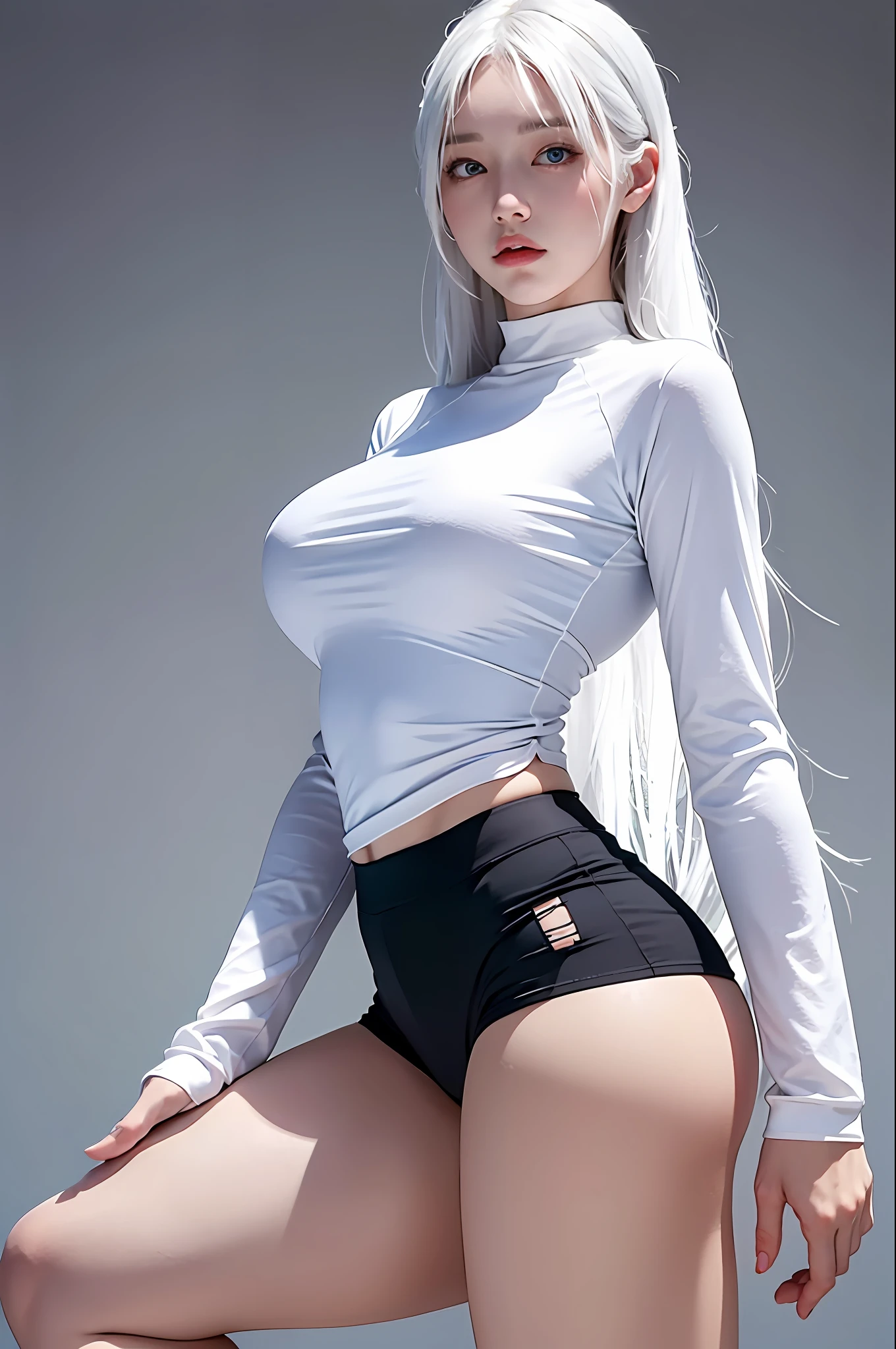 photorealistic, high resolution, 1 girl, white hair, korean, blue eyes, white shirt, skimpy tight black shorts, thick thighs