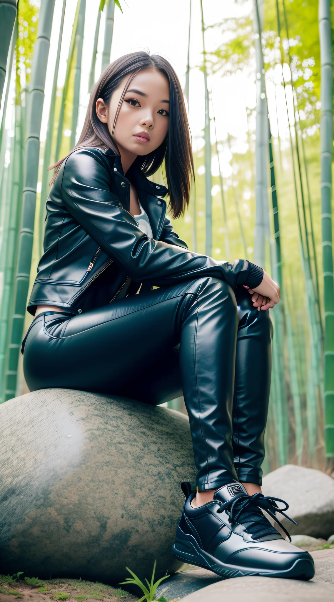 A girl wearing a tight leather jacket, leather pants, sneakers, sitting on a large stone in a bamboo forest, surrounded by water