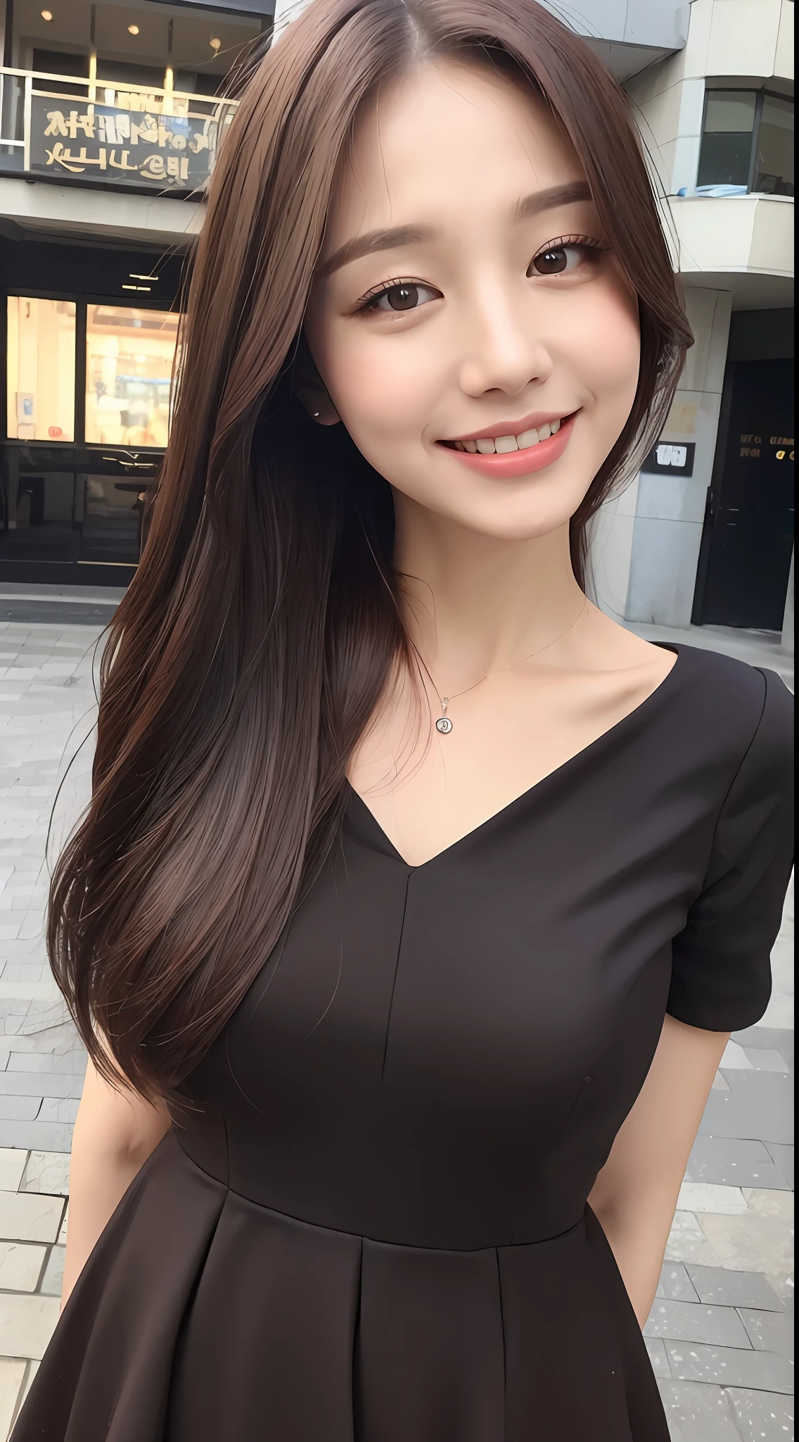 ((Best quality, 8k, Masterpiece :1.3)), 1girl, smiling, full body, slim face, Pretty woman, (Dark brown hair), full length dress :1.1, Ultra-detailed face, Detailed eyes, Double eyelid, blur background, slim face, city, outside, street,