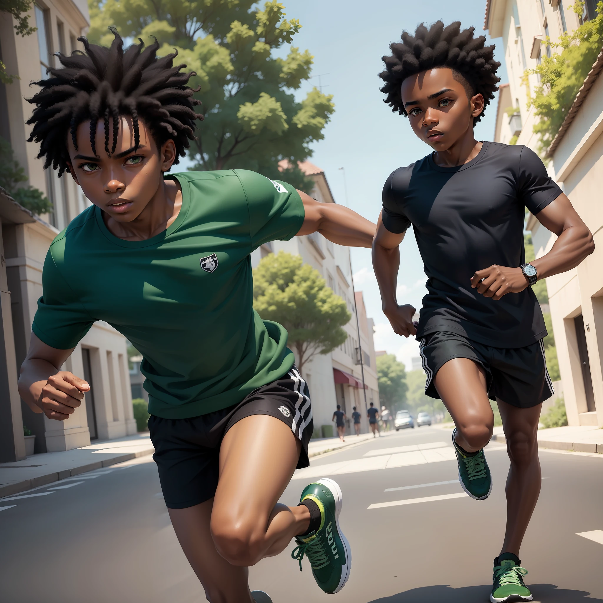 Black boy, black power hair, drawing, masterpiece, ultra realistic, 12 years old, full body, green shirt, blue sneakers, side view, running very fast.