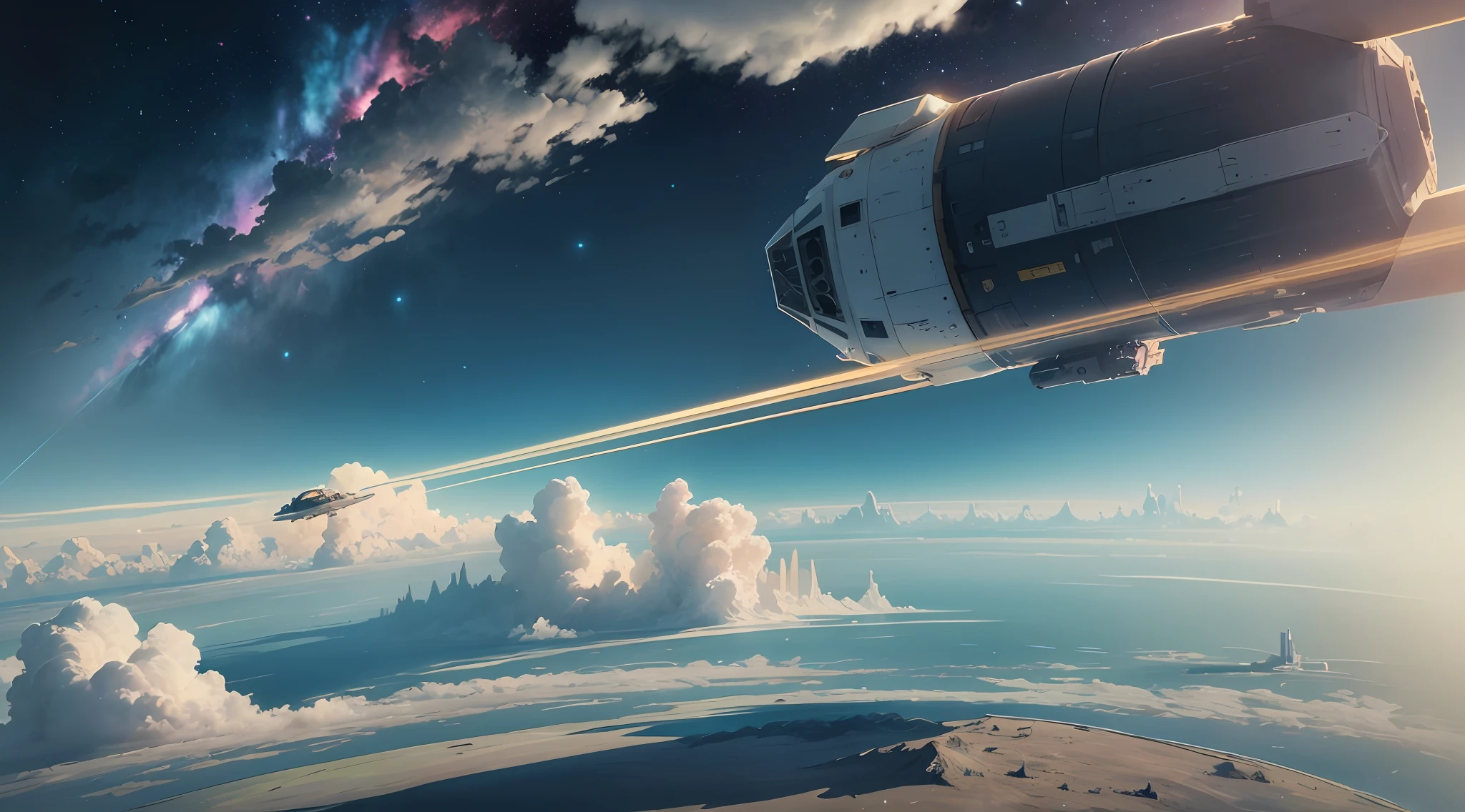 From the ground, from a distance, many small spacecraft fall vertically through the atmosphere to the ground, through clouds, clear sky, with clouds, surrealism, high detail, cinematic lighting, close-up, futurism, concept art, UHD, high detail, super detail --auto --s2