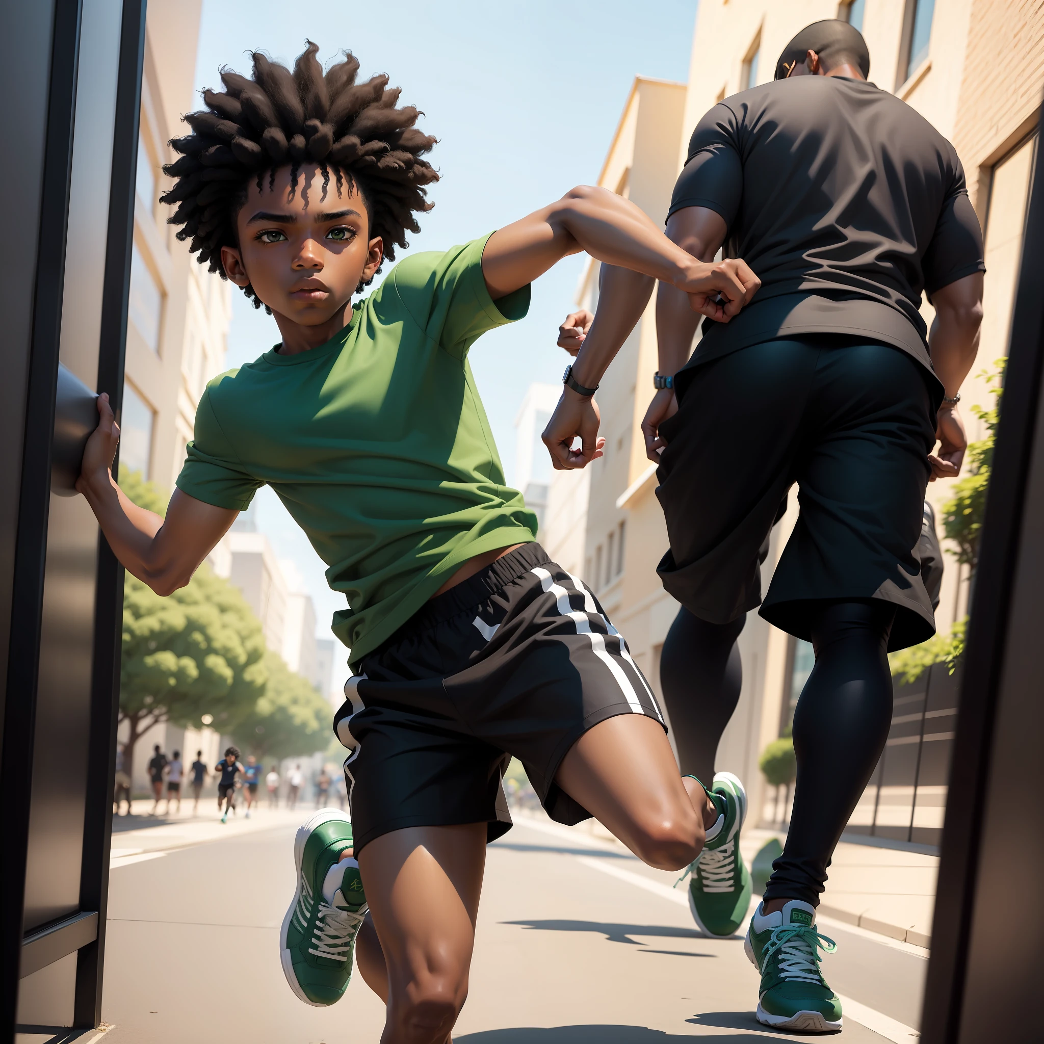 Black boy, black power hair, drawing, masterpiece, ultra realistic, ************, full body, green shirt, blue sneakers, side view, running very fast.