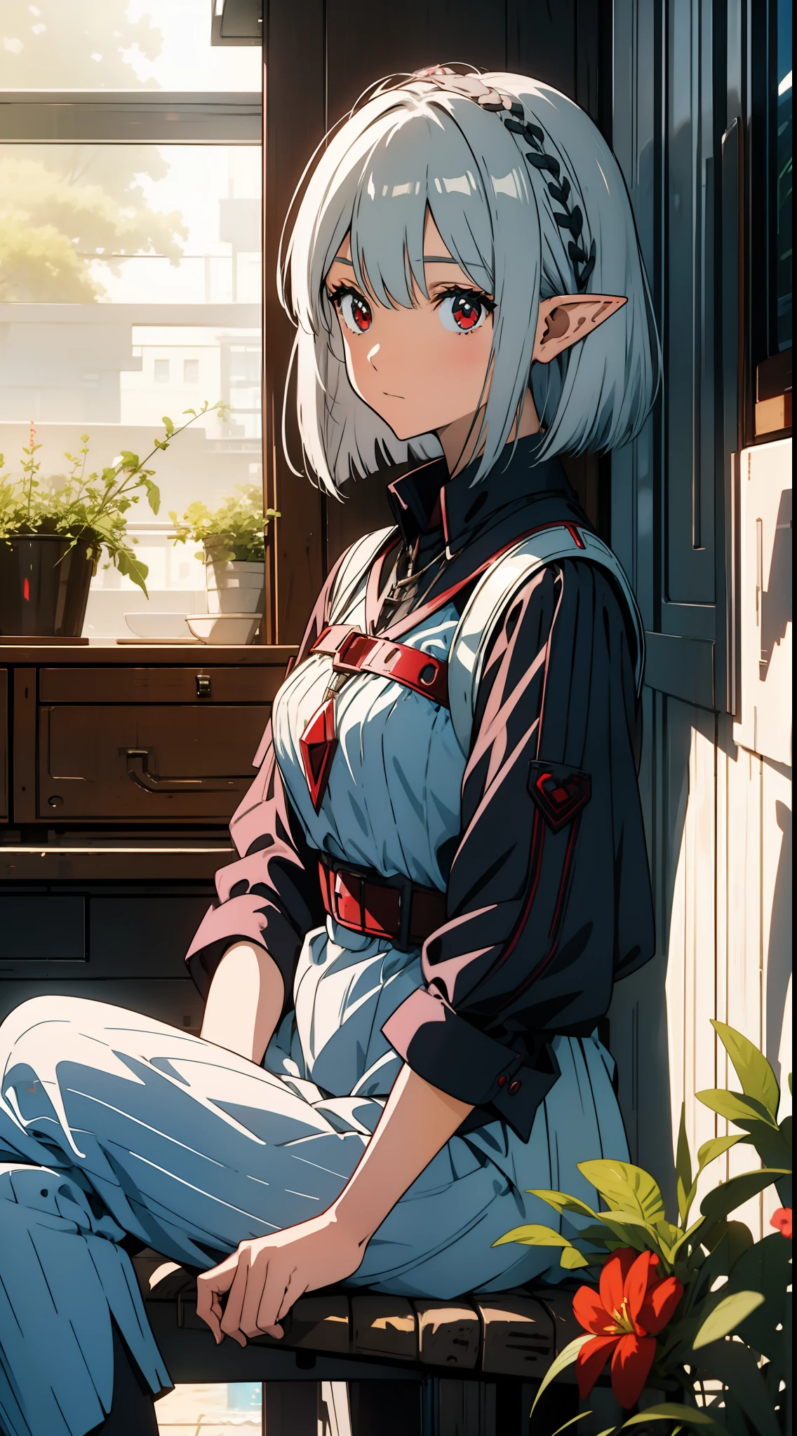 One girl, elf, silver hair, red eyes, bob cut, seaside, sitting, concept art, official art