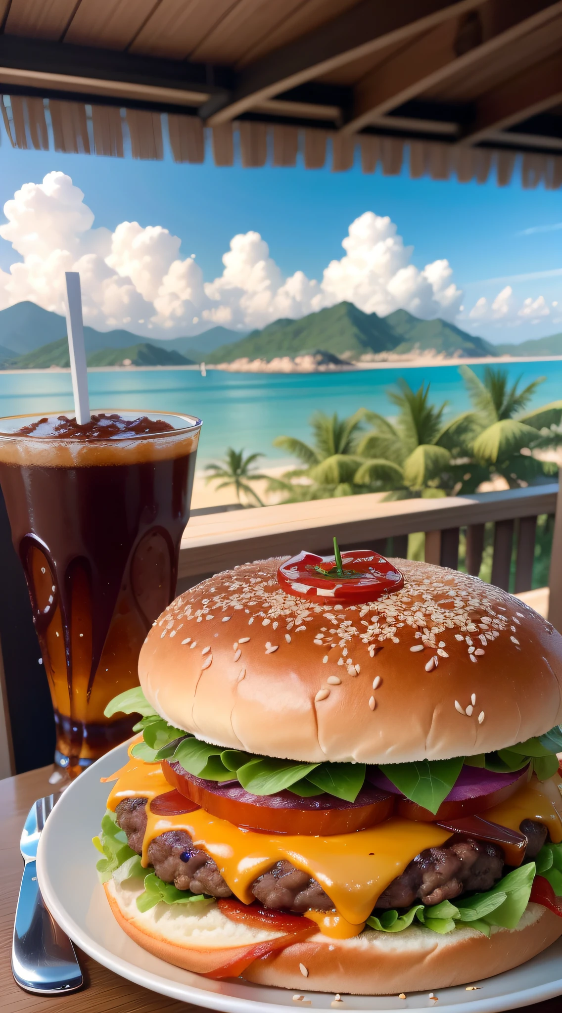 This image shows Elon Musk in Baishamen, Haikou, Haikou City, China, enjoying a hamburger meal. Elon Musk sits at a spacious outdoor dining table with the sun shining on him. His smile was filled with satisfaction and pleasure. He wears a casual T-shirt and looks relaxed. He sits in a purpose-built chair whose armrests are decorated with space vehicle motifs, highlighting his close connection to space exploration. On the table, a huge burger is presented in front of him, the pie is wrapped in colorful vegetables and sauces, and various delicious toppings are layered on top of each other. Above the burger is a tall toothpick with tender beef and layers of cheese. The burger patties have a tempting toasted aroma that makes people mouth-watering. The background of the picture is the beautiful Hainan Baisha Gate, where the delicate white sand beach stretches to the clear blue sea. In the distance, emerald palm trees dot the entire coastline. Sunlight shines on the sea, creating a dazzling light track. In the distance, where the sea and sky meet, a huge golden sun is slowly rising, adding a touch of romance and mystery to the whole picture. The whole picture creates a relaxed, pleasant and luxurious atmosphere, combining Elon Musk's beauty and cuisine with the beauty and cuisine of China's Hainan province. This image vividly shows his moments of enjoying a gourmet burger in Baisha Mun, highlighting his great achievements in technology and business combined with his unique taste