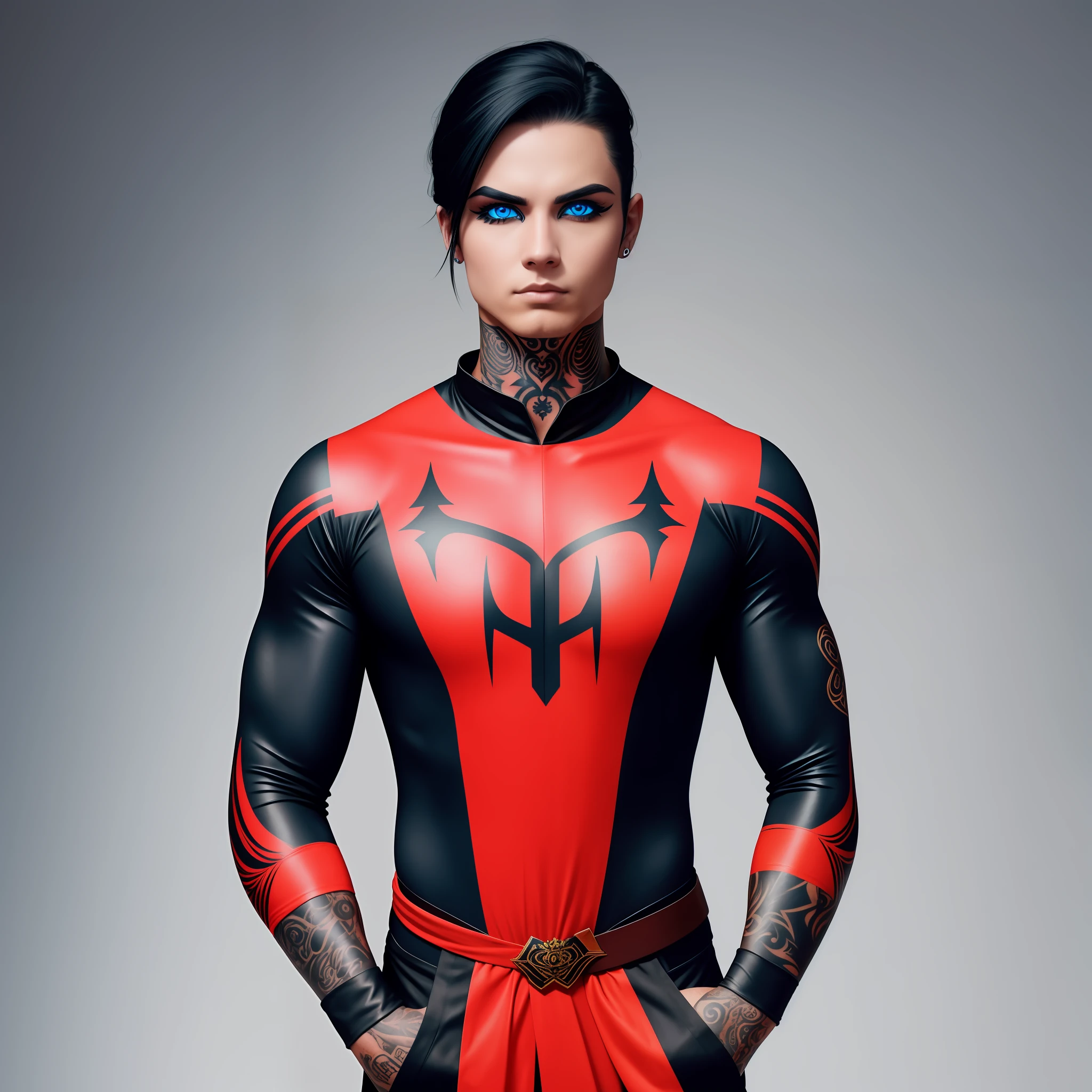 Tattoo on face, blue eye, black costume, all black costume, showing face, full black costume.