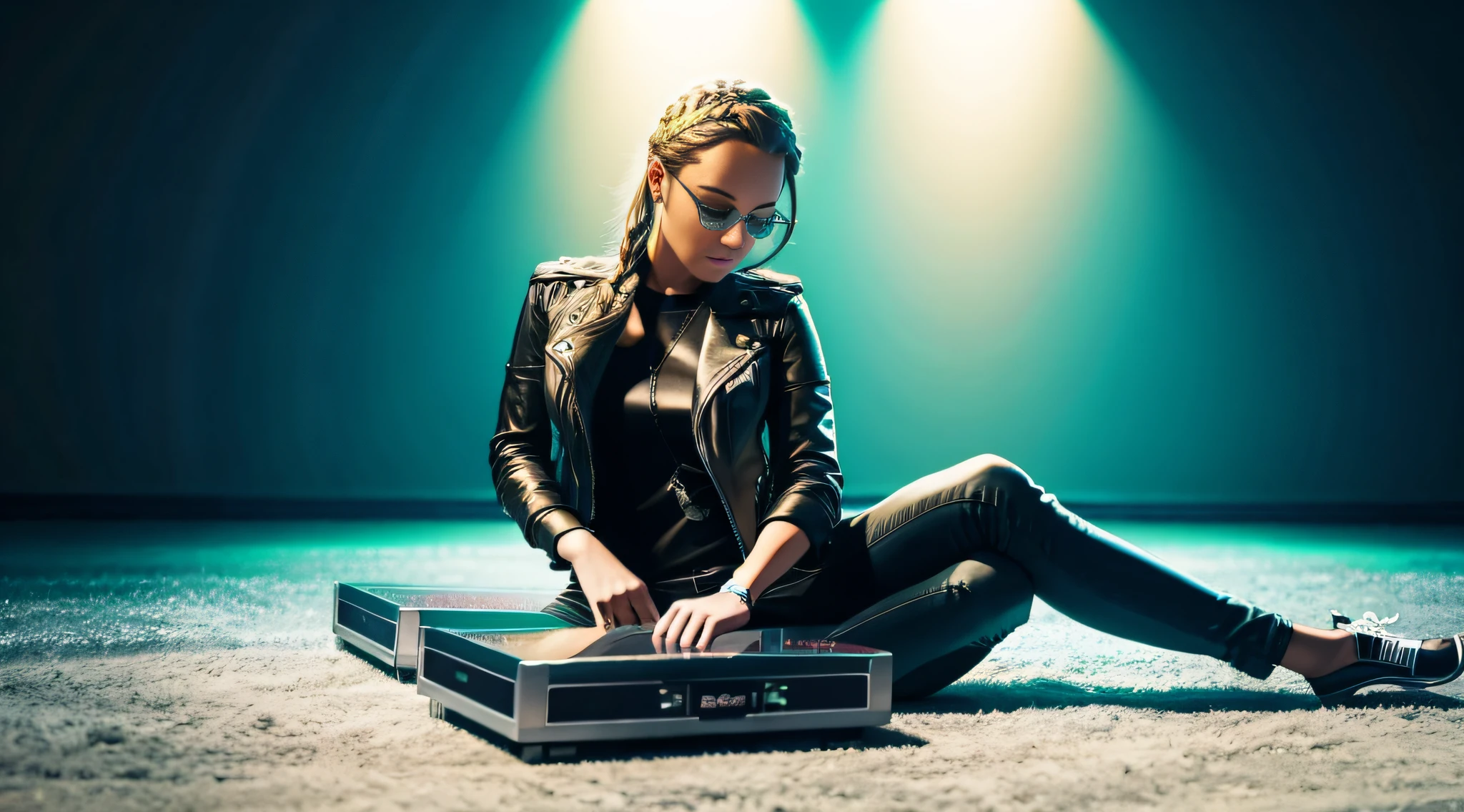 BLONDE RUSSIAN GIRL WITH BRAIDS, SITTING ON THE FLOOR, SILVER LEATHER JACKET AND BLACK OUTFIT, PHOTOGRAPHIC STUDIO, ON THE FLOOR SEVERAL VINYLS AND CDS. green backlights. --auto --s2