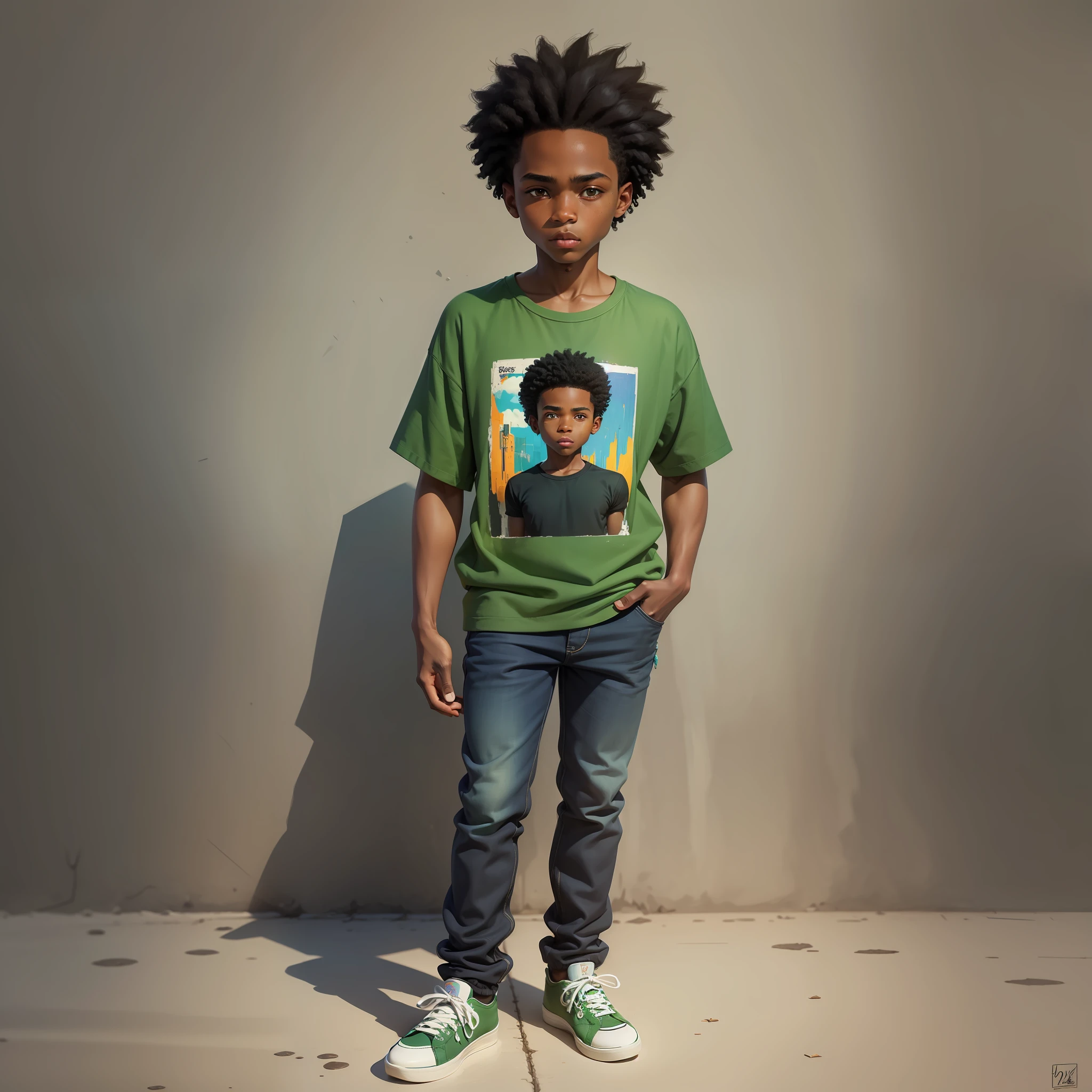 Black boy, black power hair, drawing, masterpiece, ultra realistic, , full body, green shirt, blue sneakers lafo vision