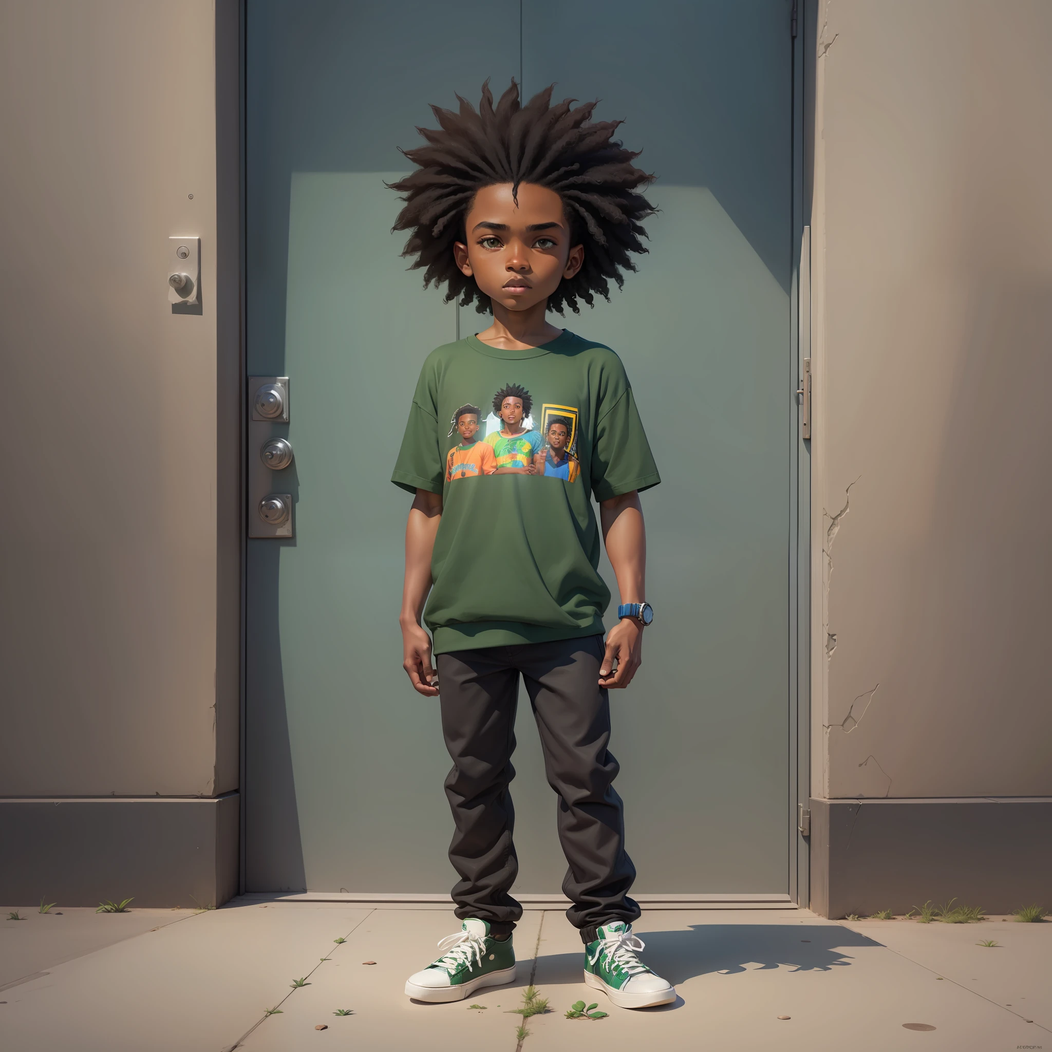 Black boy, black power hair, drawing, masterpiece, ultra realistic, , full body, green shirt, blue sneakers lafo vision