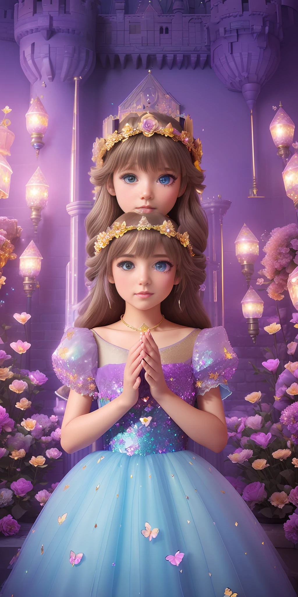 neon masterpiece, (((best quality))), ((highly detail eyes)), ((perfect eyes)), ((((beautiful eyes)))), both eyes are the same, smooth, ((neon((perfect face))))), extremely detailed 8K, high resolution, ultra quality, glare, Iridescent, Global illumination, real hair movement, realistic light, realistic shadow, perfect quality, detailed shadow and light, pixar, ((FANTASY)), ((MAGIC)), (((cinematic light))), colorful, hyperdetail, dramatic light, intricate details, best quality, (extremely detailed CG unit 8k wallpaper, masterpiece, best quality, ultradetailed, best shadow), (detailed background: 1.4), (beautiful and detailed face, beautiful detailed eyes), High contrast, (better lighting, extremely delicate and beautiful) beautiful and detailed brightness, 3D, HIPER quality, 2K, 3K, neon 6K, 7K, 8K, ((((cute and delicate girl)))), ((((light brown hair))))),((medium hair)), ((((kawaii)))), ((cute eyes))) , ((((kawaii eyes)))) ((((Princess)))), ((((Princess flower crown)))) (((((LONG FLOWER BIG KAWAII dress detailed glitter pastel PURPLE crystal princess dress))))), shiny crystal shoes, ((gold accessories, gold earrings, flower accessories, pearl accessories)),((happy expression)), (((((blue crystals))))) ((((INTERIOR OF THE CASTLE, CASTLE ROOM WITH FLOWERS, CASTLE ROOM WITH SUNSHINE, COZY CASTLE, BRIGHT CASTLE, CASTLE ROOM WITH LAMPS, PILLOWS))), ((WATER FOUNTAIN WITH ROSE FLOWERS)))) (((SHINES, SPARKLES)), GOLD, (((sparkles))), ((shiny butterflies flying)),