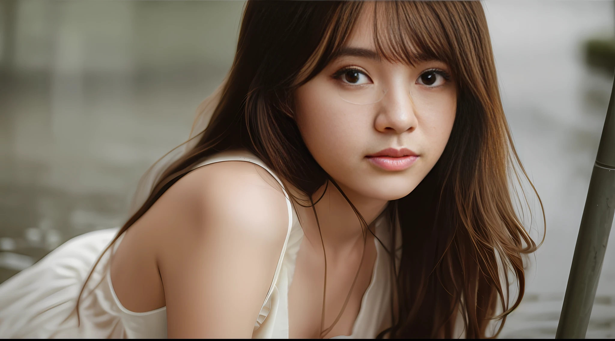 Stunning close-up portrait of a young and beautiful woman with RAW, analog style and impressive features. She should have long, flowing hair, a seductive gaze, and an attractive look. The background is neutral and simple, allowing the woman to be the focal point of the image. Pay attention to details, such as highlights and shadows on her face and hair, to create realistic and realistic images. Experiment with different lighting techniques to enhance the mood and atmosphere of your portrait. The final product should be a masterpiece that captures the essence and beauty of women ((highly detailed skin, skin details)), Sharp Focus, Volumetric Fog, 8K, UHD, DSLR, High Quality, Film Grain, FUJIFILM XT3, Beige Camisole Dress, Hemp Dress, Floret Dress, Washed Rough Dress, Chest Lace Dress, short cut hair, disheveled hair, rainy street corner, puddle, water, rain, heavy rain, pouring rain, antique street corner
