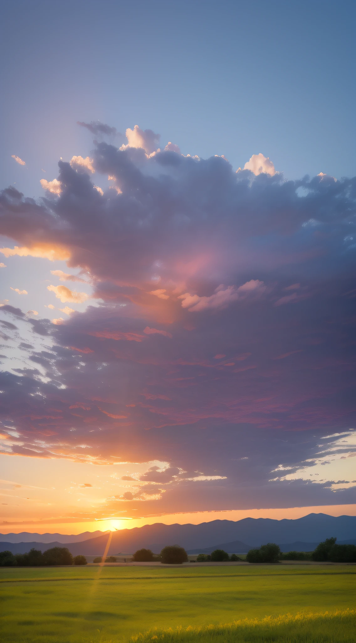 The picture has a wide-angle field of view, and the sunset gradually enters the beautiful scenery. The meadows are gentle, stretching for miles, and rich in color. The mountains in the distance are like cloud barriers, and the circular clouds in the near are leisurely descending, and the atmosphere is calm and idyllic, making people feel comfortable and free.一团球状的云在草地上