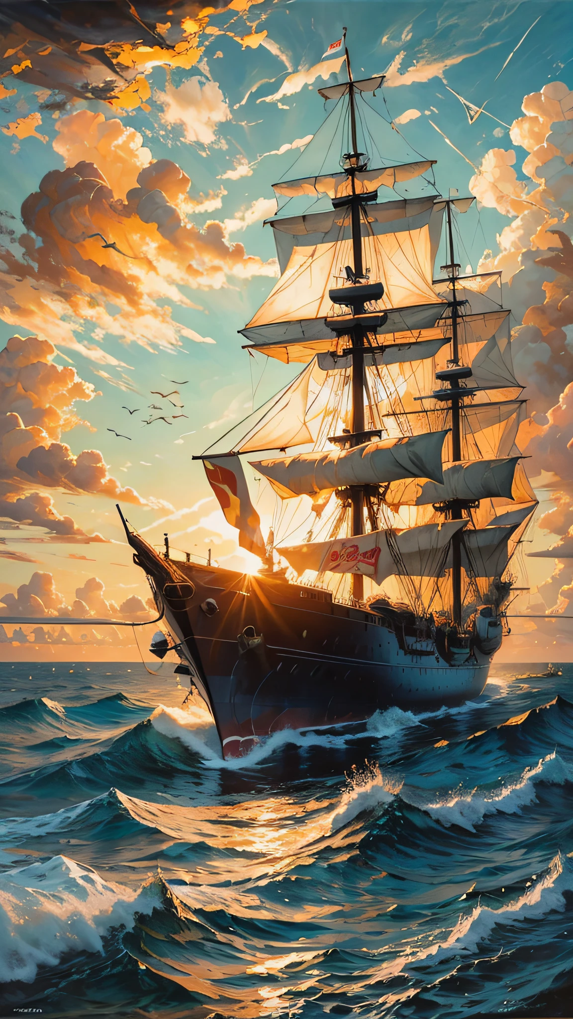 oil painting of ship on ocean, sunset, sinking, (masterpiece: 1.3)