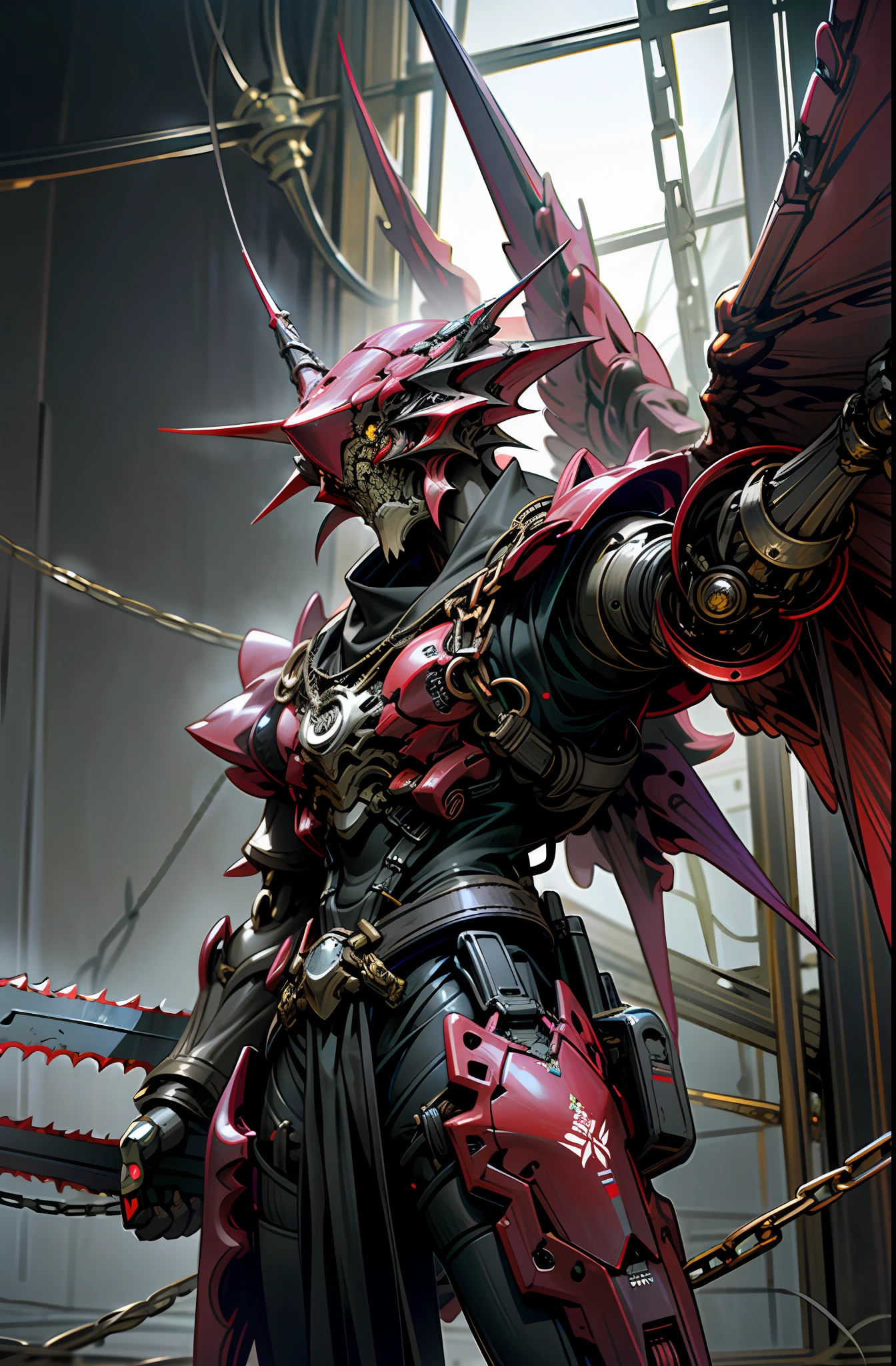 Dark_Fantasy,Cyberpunk,(chain saw,chain saw man,Red:1.1),1man, Dragon Robotic Armor, Dragon horn, mechanical dragon Wings, dark purple colored, bring a claymore, authoritative pose