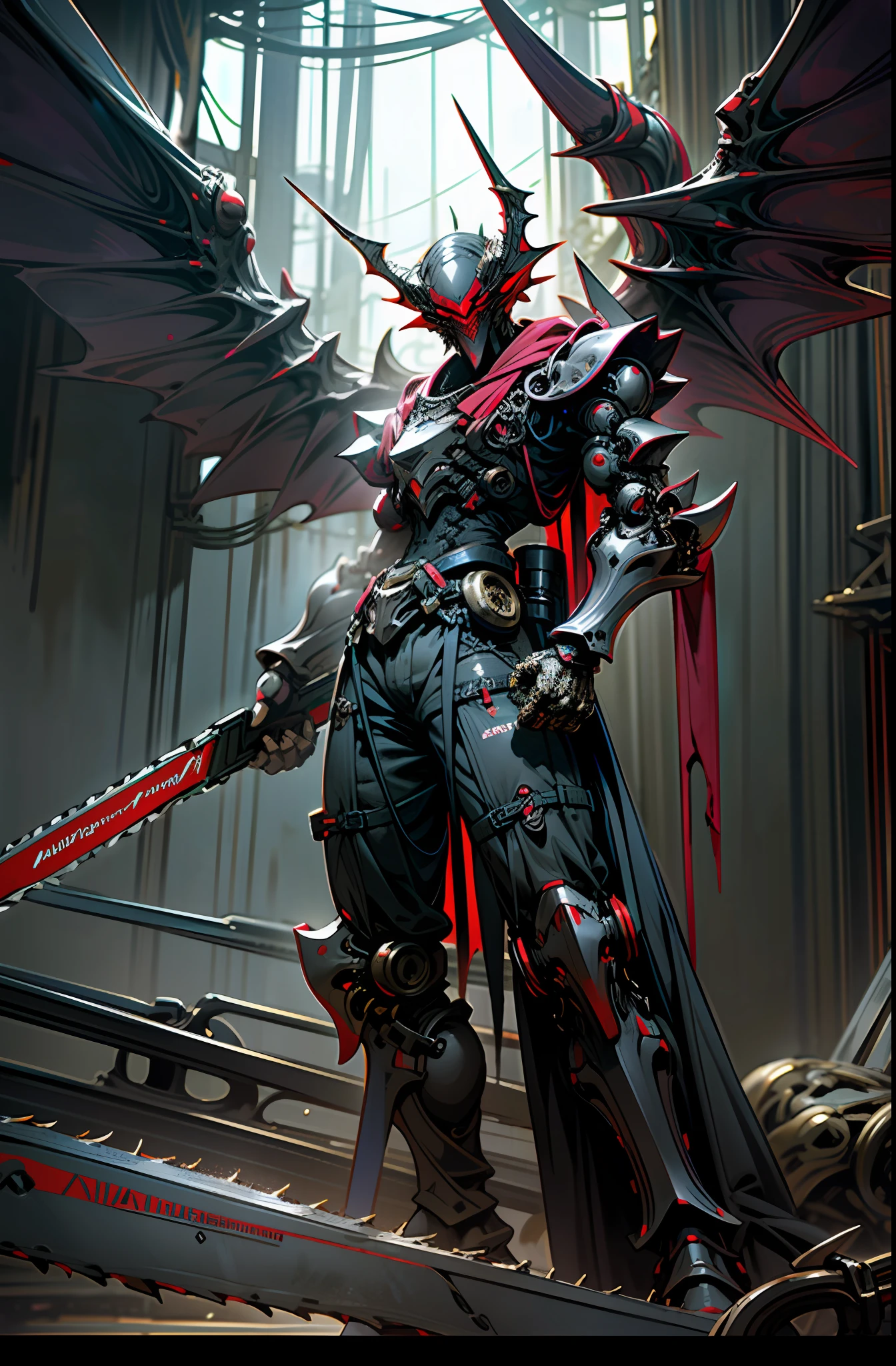 Dark_Fantasy,Cyberpunk,(chain saw,chain saw man,Red:1.1),1man, Dragon Robotic Armor, Dragon horn, mechanical dragon Wings, dark purple colored, bring a claymore, authoritative pose