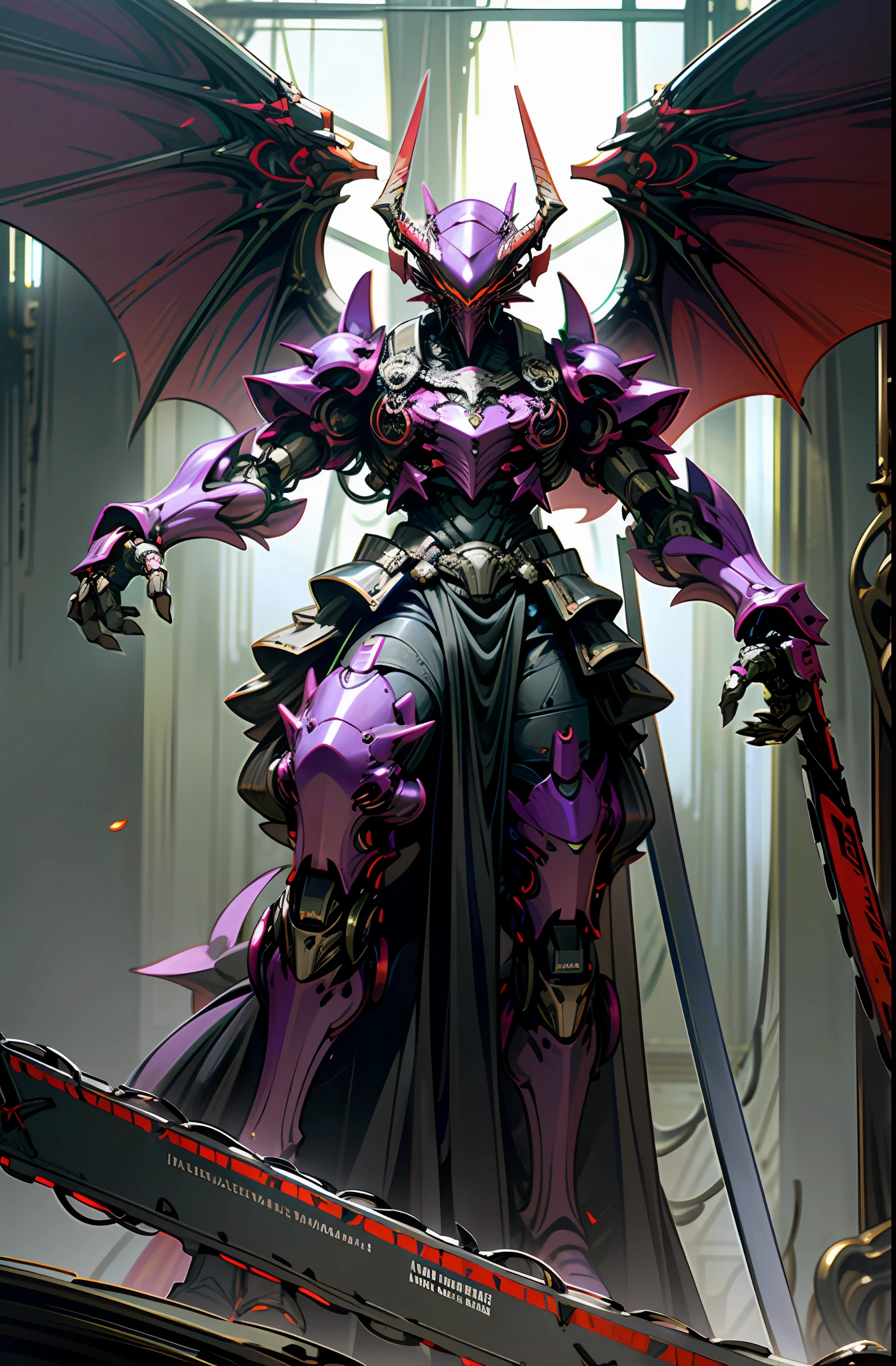 Dark_Fantasy,Cyberpunk,(chain saw,chain saw man,Red:1.1),1man, Dragon Robotic Armor, Dragon horn, mechanical dragon Wings, dark purple colored, bring a claymore, authoritative pose