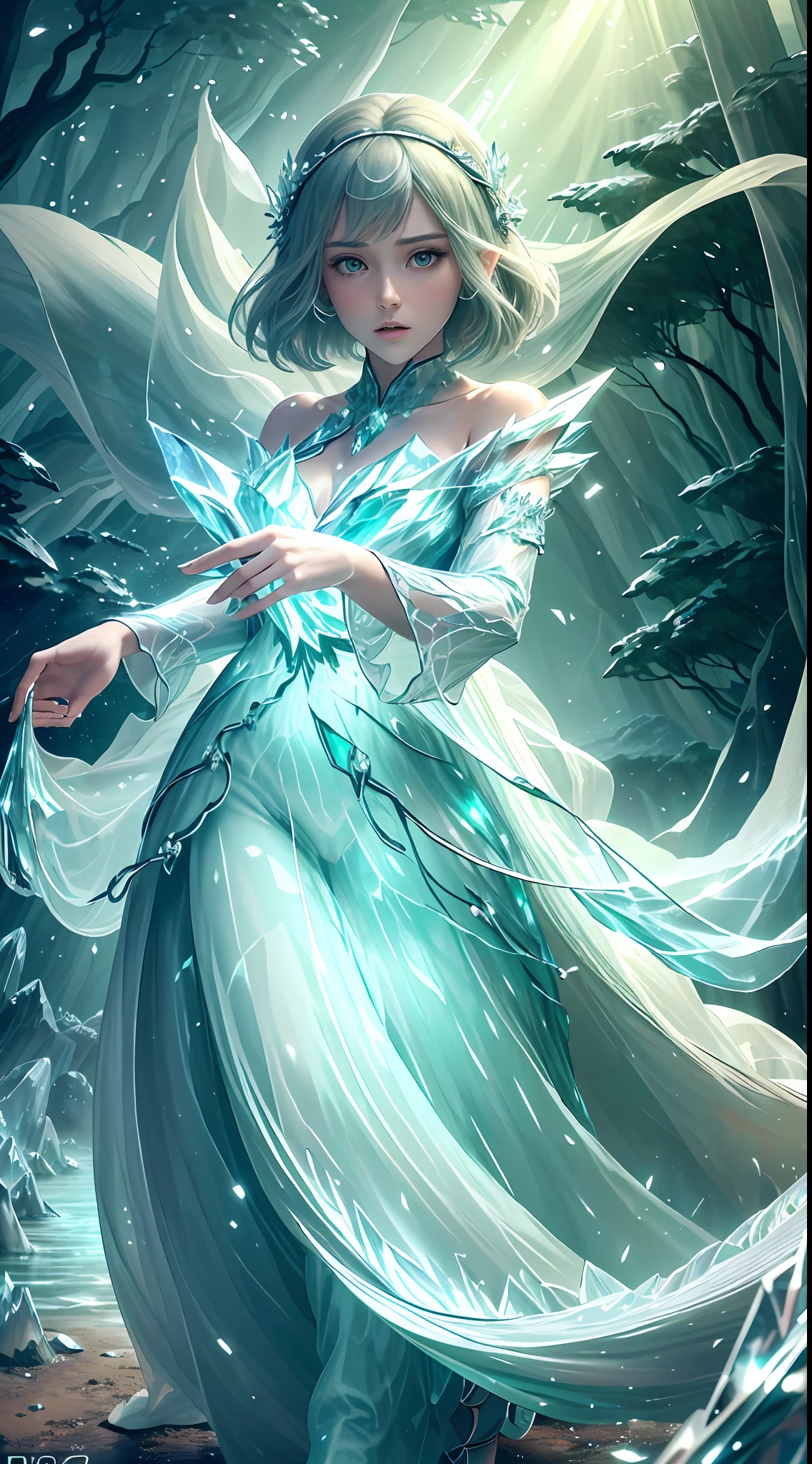 (Masterpiece, Top Quality, Best, Official Art, Beautiful and Aesthetic, Long Exposure: 1.2), Smooth Movement, Charming Patterns, 1 Girl, (Long Dress with Sleeves: 1.3), (((Green Clothes) )), upper body close-up, bare shoulders, Chinese girl, blush, black lob hair, portrait, solo, upper body, looking at the observer, detailed background, detailed face, (crystallineAI, crystalline theme:1.1), elemental wood elf, rotation foliage, control foliage, emerald clothing, dynamic pose, floating particles, ethereal dynamics, foliage, vapor, forest in the background, green tint, forest, ethereal atmosphere,