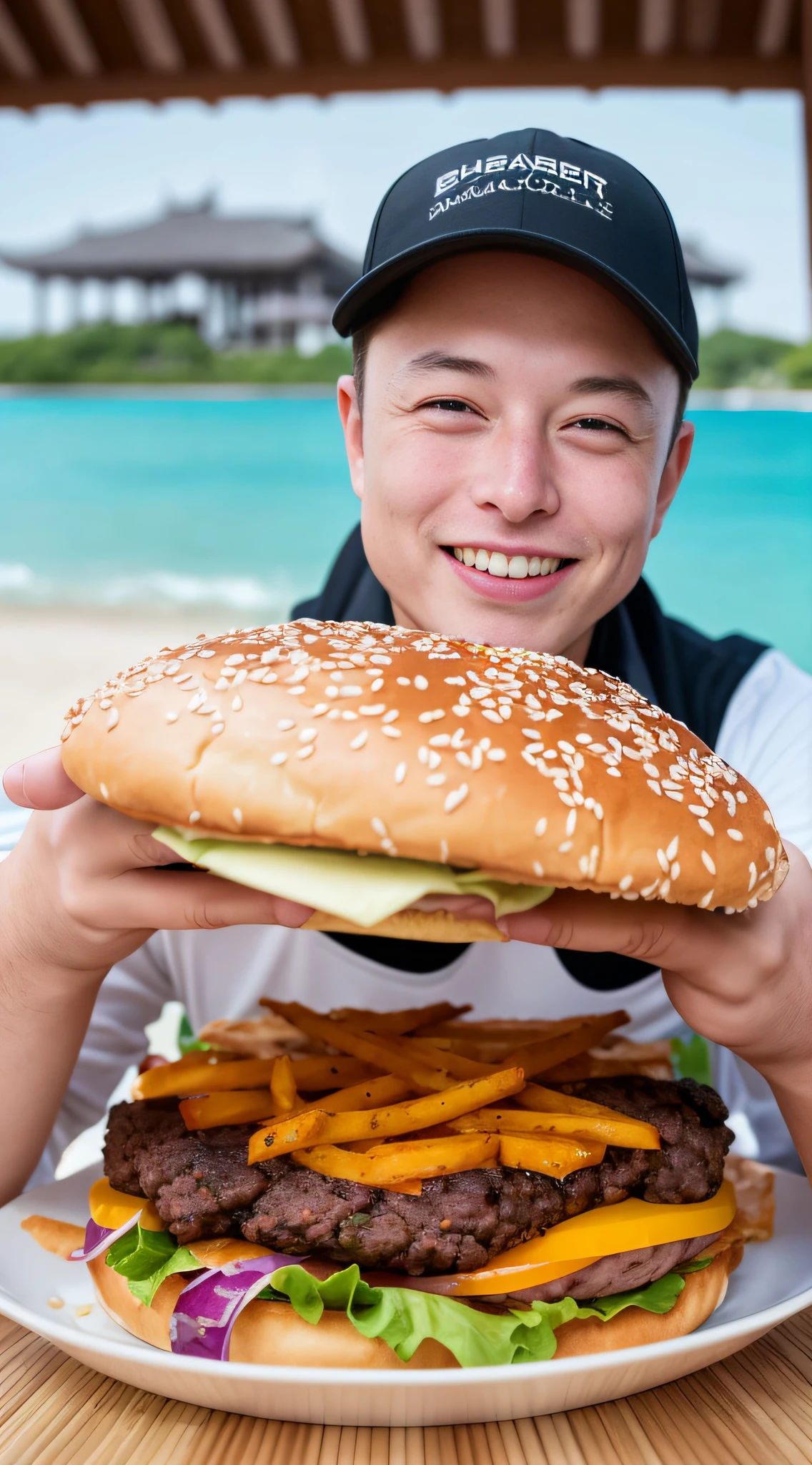 This image shows Elon Musk enjoying a hamburger meal in Baishamen, Haikou, Haikou, China. Elon Musk sits at a spacious outdoor dining table with the sun shining on him. His smile was filled with satisfaction and pleasure. He wears a casual T-shirt and looks relaxed. On the table, a huge burger is presented in front of him, the pie is wrapped in colorful vegetables and sauces, and various delicious toppings are layered on top of each other. Above the burger is a tall toothpick with tender beef and layers of cheese. The burger patties have a tempting toasted aroma that makes people mouth-watering. The background of the picture is the beautiful Hainan Baisha Gate, where the delicate white sand beach stretches to the clear blue sea. The whole picture creates a relaxed, pleasant and luxurious atmosphere, combining Elon Musk's beauty and cuisine with Baishamen in Hainan Province, China. This image vividly shows his happy moment enjoying a delicious burger in Baisha Gate --auto --s2