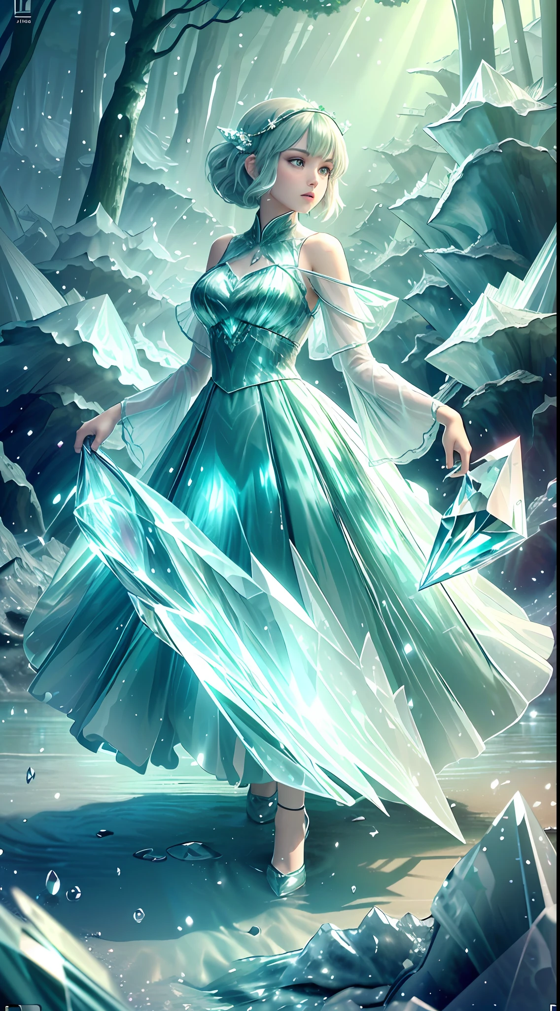 (Masterpiece, Top Quality, Best, Official Art, Beautiful and Aesthetic, Long Exposure: 1.2), Smooth Movement, Charming Patterns, 1 Girl, (Long Dress with Sleeves: 1.3), (((Green Clothes) )), upper body close-up, bare shoulders, Chinese girl, blush, black lob hair, portrait, solo, upper body, looking at the observer, detailed background, detailed face, (crystallineAI, crystalline theme:1.1), elemental wood elf, rotation foliage, control foliage, emerald clothing, dynamic pose, floating particles, ethereal dynamics, foliage, vapor, forest in the background, green tint, forest, ethereal atmosphere,