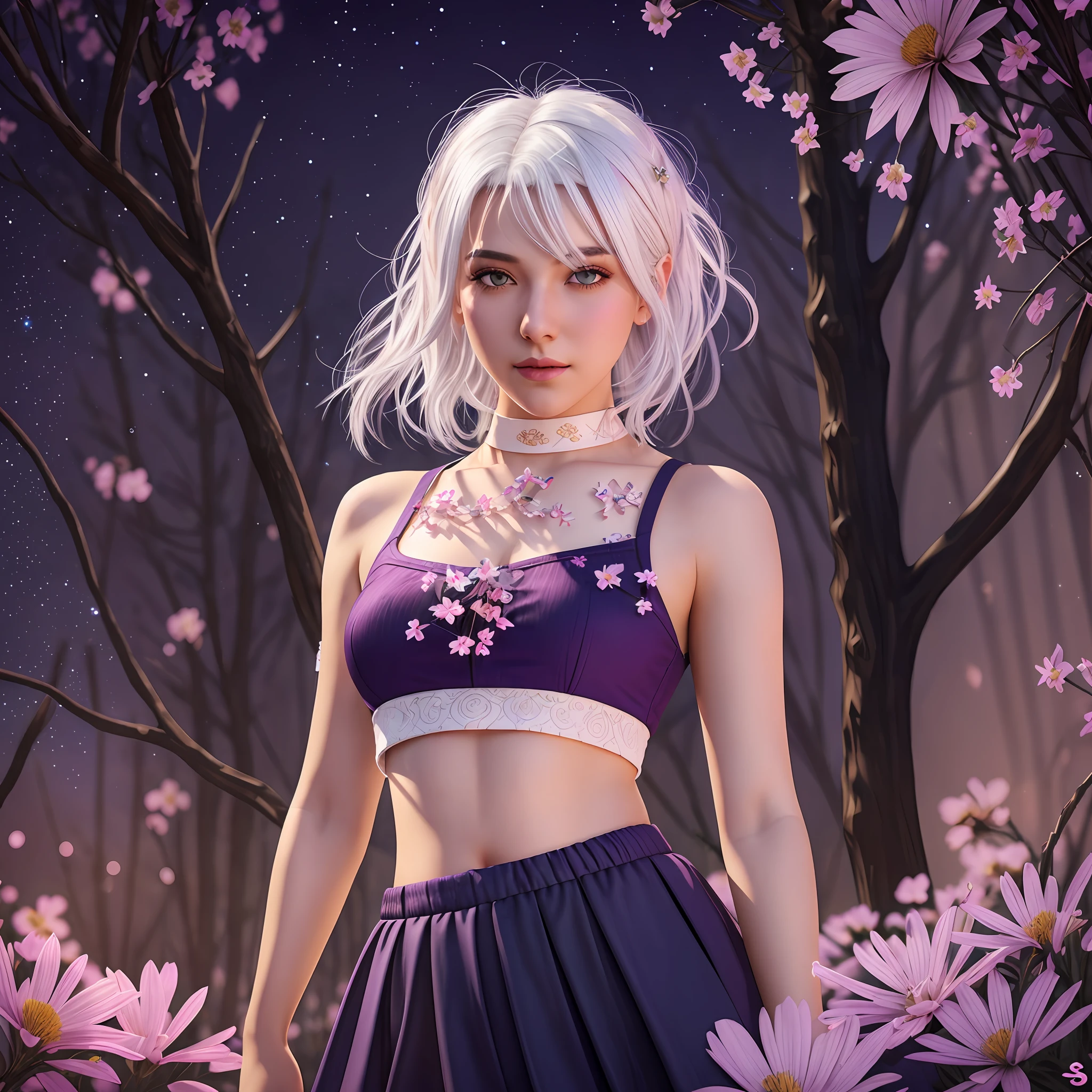 realistic, 1girl, white hair, purple eyes, glowing eyes, crop top, skirt, parted lips, blush, night, flowers, sun, sunlight, --auto --s2