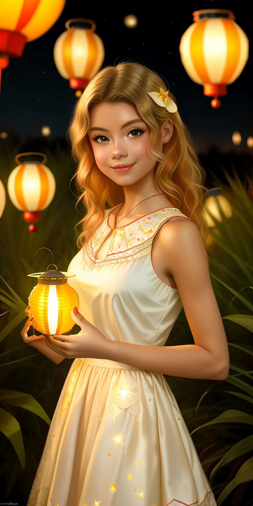 AsunaFox, woman,
"Floating Lantern Festival": Against a backdrop of a starry night sky, the vixen becomes part of a whimsical lantern festival. Her dress, crafted from delicate paper lanterns in various colors, floats gently around her. Each lantern emits a soft glow, casting a warm and dreamy light on her face. With a lantern in her hand, she joins the celebration, bringing hope and joy to all who witness her ethereal presence.