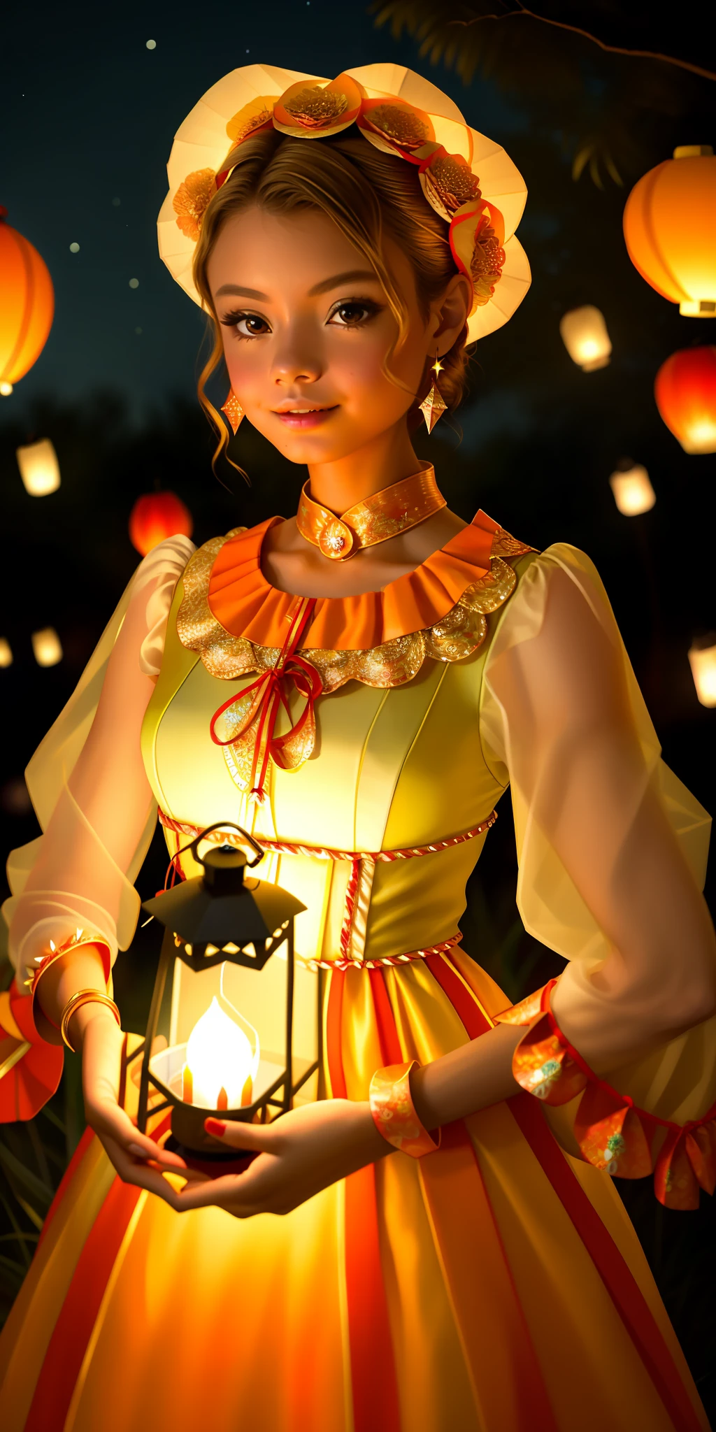 AsunaFox, woman,
"Floating Lantern Festival": Against a backdrop of a starry night sky, the vixen becomes part of a whimsical lantern festival. Her dress, crafted from delicate paper lanterns in various colors, floats gently around her. Each lantern emits a soft glow, casting a warm and dreamy light on her face. With a lantern in her hand, she joins the celebration, bringing hope and joy to all who witness her ethereal presence.