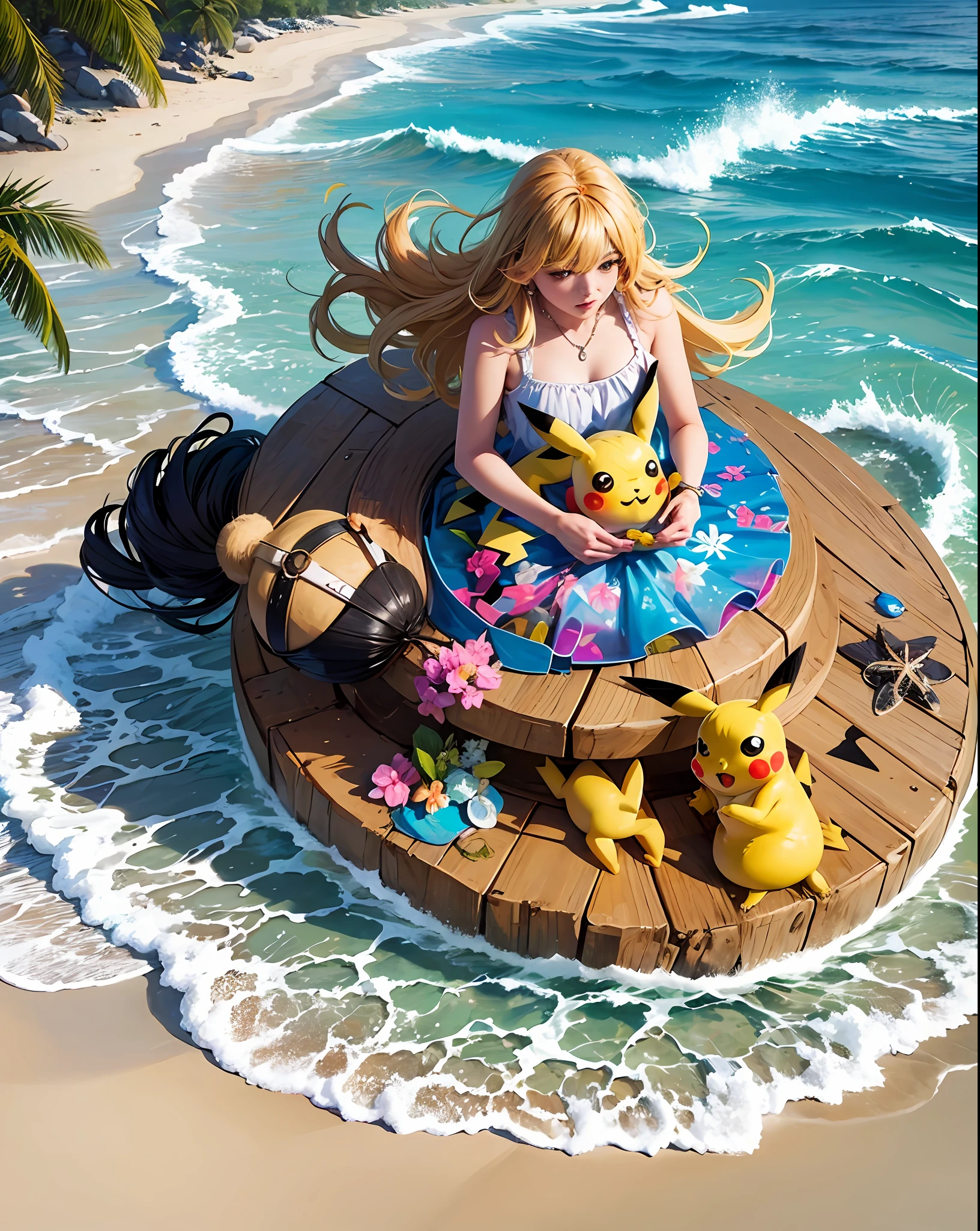 Create an illustration on the beach where Pikachu, with proportions similar to those of a human being, is exchanging a little stamp with a beautiful girl. All around, some girls are showing jealousy towards her. Make sure the main focus is on Pikachu and the girl, avoiding any interference that might divert attention. The scenery should portray a charming beach, with details such as white sand, calm sea and coconut trees in the background. Highlight the feeling of relaxation and fun with colorful umbrellas and typical elements of a beach. Remember that Pikachu is the only one of its kind present on the beach, and there are no other Pikachu, not even in toy form. Ensure that the illustration reflects this rule, reinforcing that Pikachu is unique and special in this context. Keep the beach atmosphere consistent by avoiding elements that might distract from the main scene. There should be no additional elements or characters that are not related to the interaction between Pikachu, the girl, and the jealous girls. Use parentheses to highlight relevant information and ensure that the prompt is followed according to the mentioned restrictions. Create an engaging and romantic illustration, depicting Pikachu and the girl in a moment of exchange of seals on the beach, with the girls showing jealousy. Remember that Pikachu is the only one of its kind present on the beach. I look forward to seeing the end result and sharing it with the creator. - --auto --s2