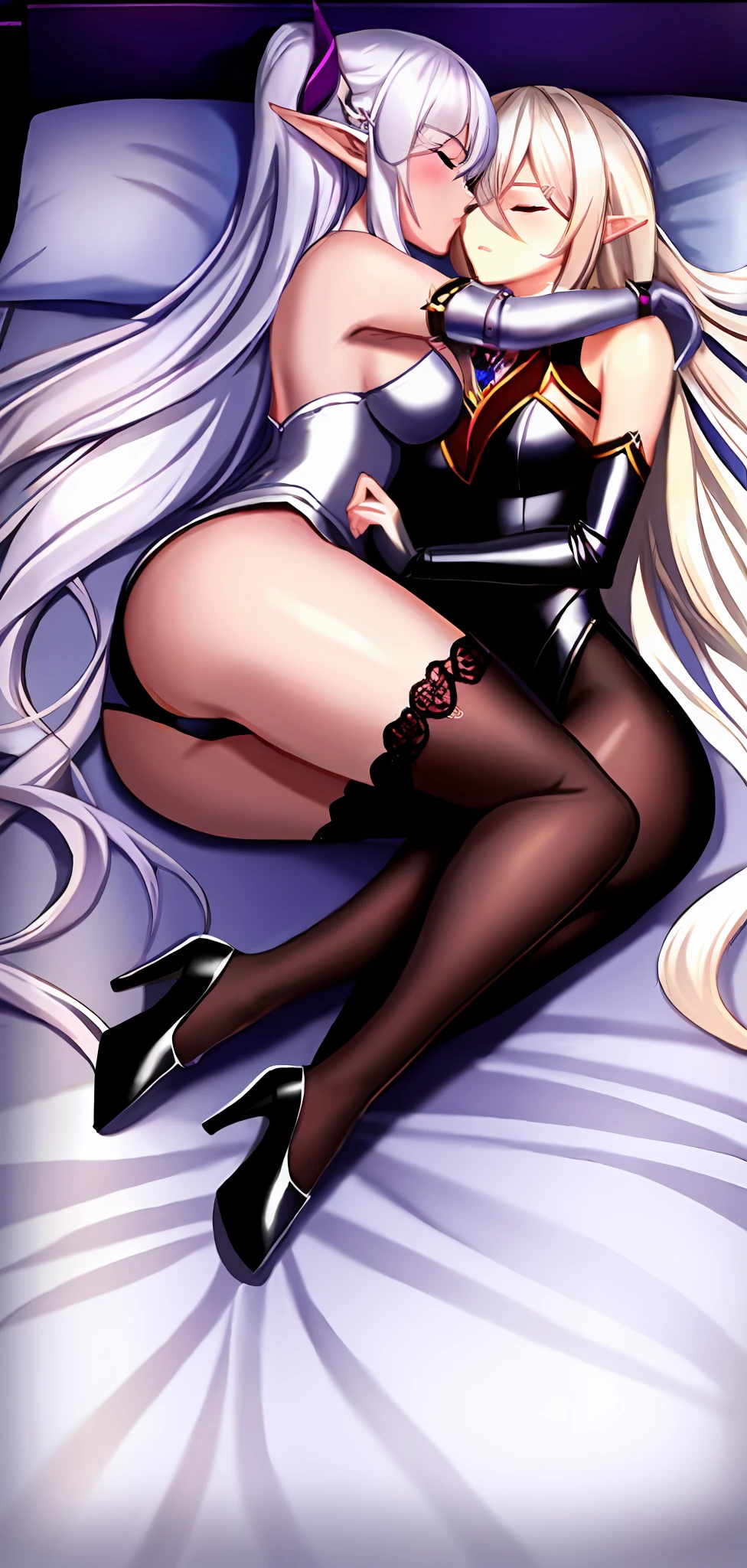 Full body, fetal position, sleeping on bed in the bedroom, high heels, ((Stunning Artwork)), high quality, slave drow female, slave dark elf, slave white elf, kissing each others