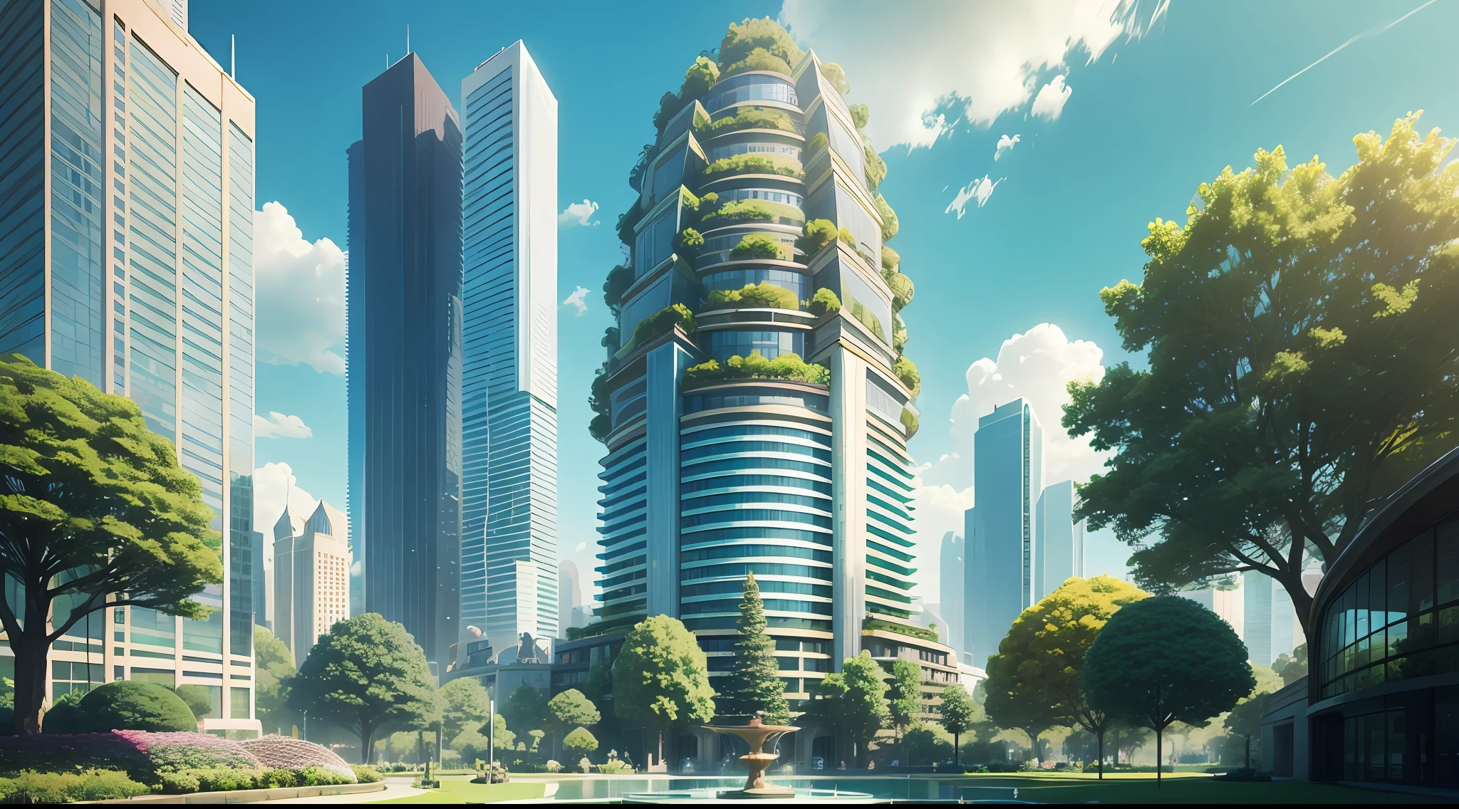 a beautiful botanical garden on top of a skyscraper in a city center, sunny day, tall building