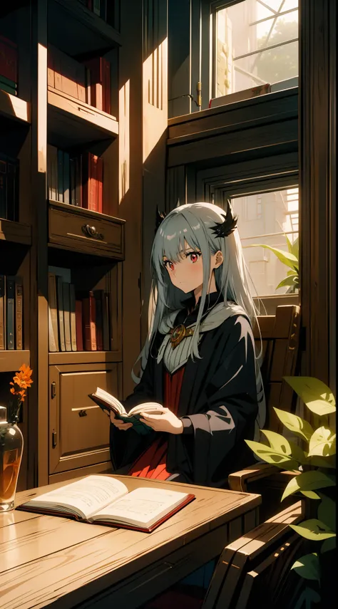 one girl, witch, silver hair, red eyes, fantasy style costume, library, reading a book, sitting in front of desk, concept art, o...