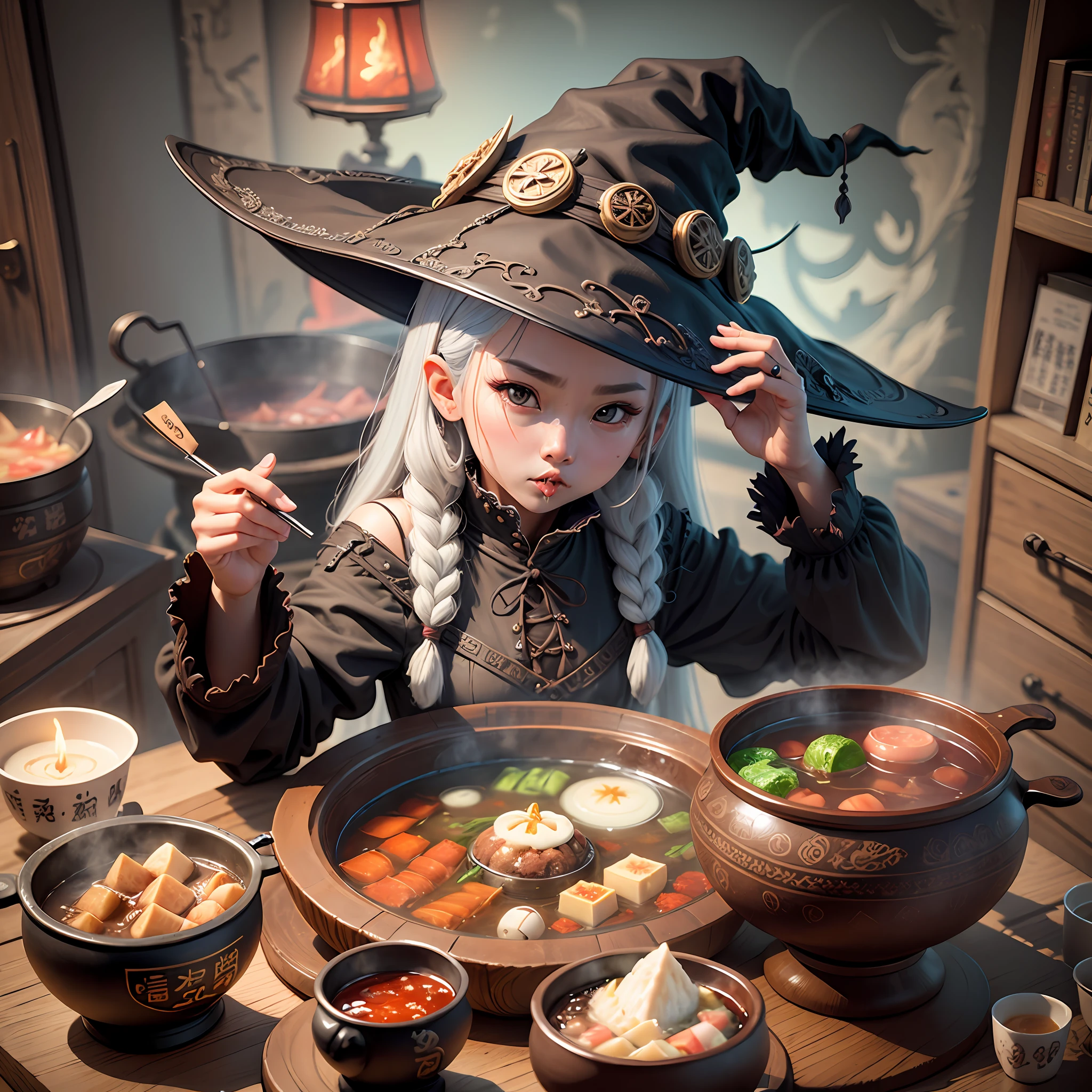 Witch, cute, cool and bad, eating hot pot, intricate details, 3D --auto --s2