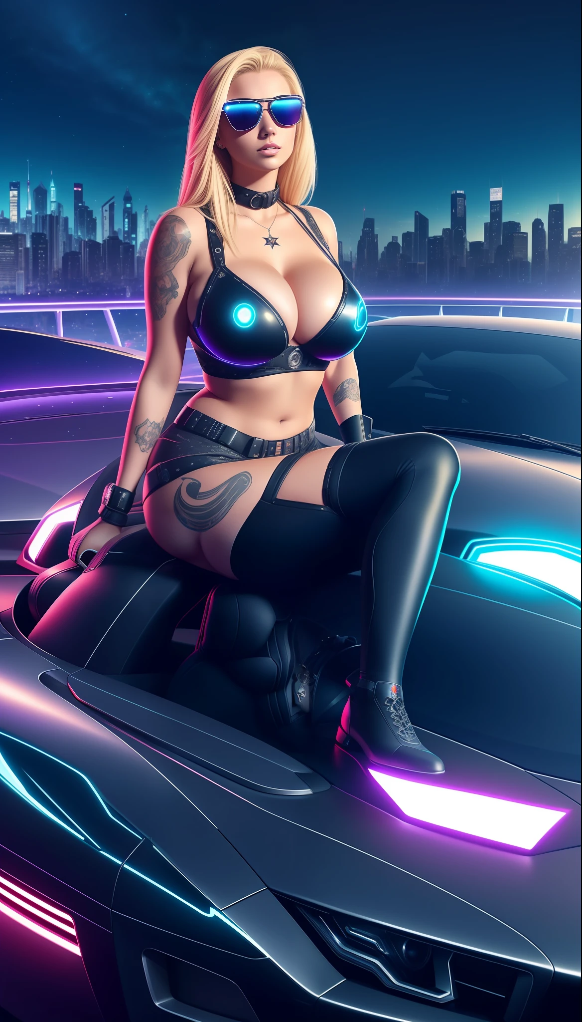 Beautiful woman,25 years(big boobs) beautiful curves,blonde hair,cyberpunk style,tattoo on arm,futuristic background at night, with starry sky,sitting on top of a futuristic car,with sunglasses