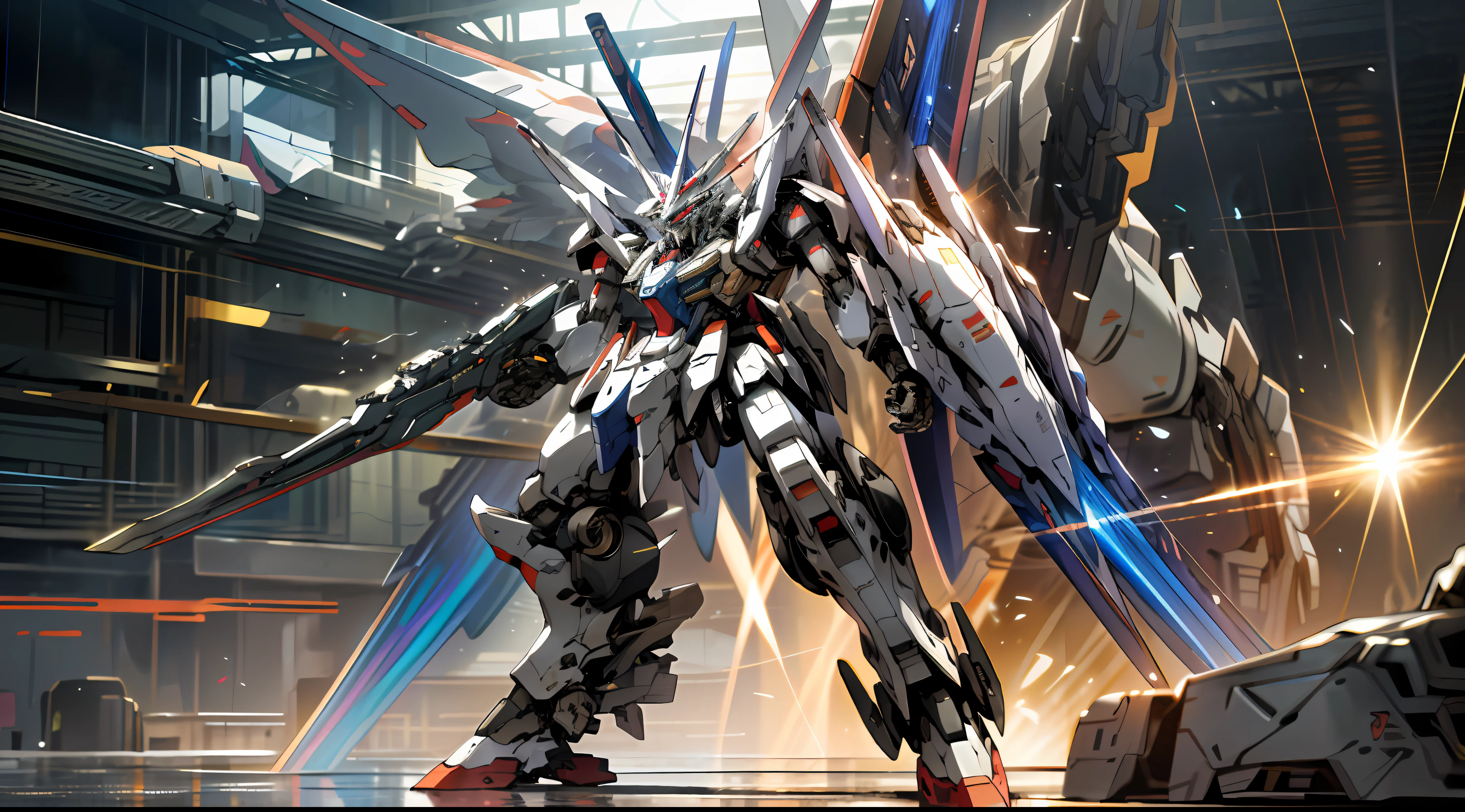 Surrealism, ray tracing, UHD, high details, 8k, best quality, textured skin, (1 Gundam mech), mecha dragon, masterpiece, best quality, mecha, unmanned, (full body), (white mech: 1.5), (axisymmetry: 1.4), (HDR), (movie light: 1.1), white eyes, cool, science fiction, fire, laser cannon beam, war, conflict, (a mecha dragon in background) , (holding huge weapons: 1.5), holding oversized shields, mecha men, vector