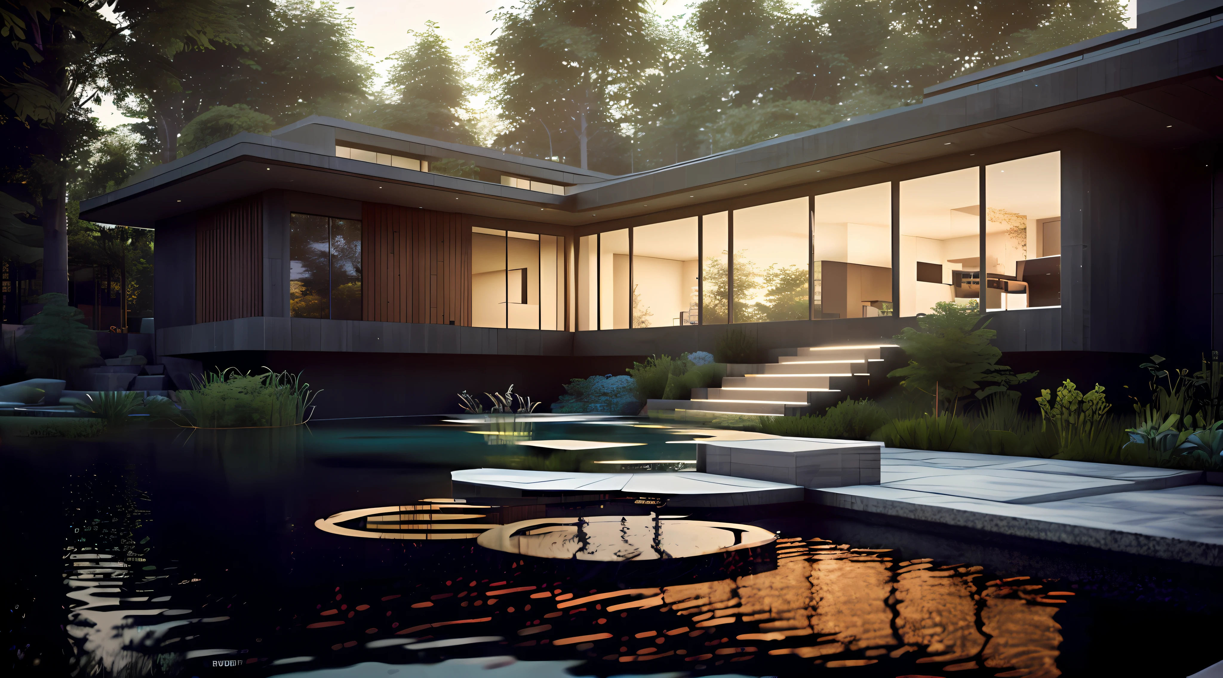 a close up of a house with a pond and steps, day lights, sunny day, unreal engine realistic render, architectural visualization, in the art style of filip hodas, lumion render, unreal engine highly rendered, photo-realistic unreal engine, architecture render, highly realistic unreal engine, rendered in unreal engine 4k hq