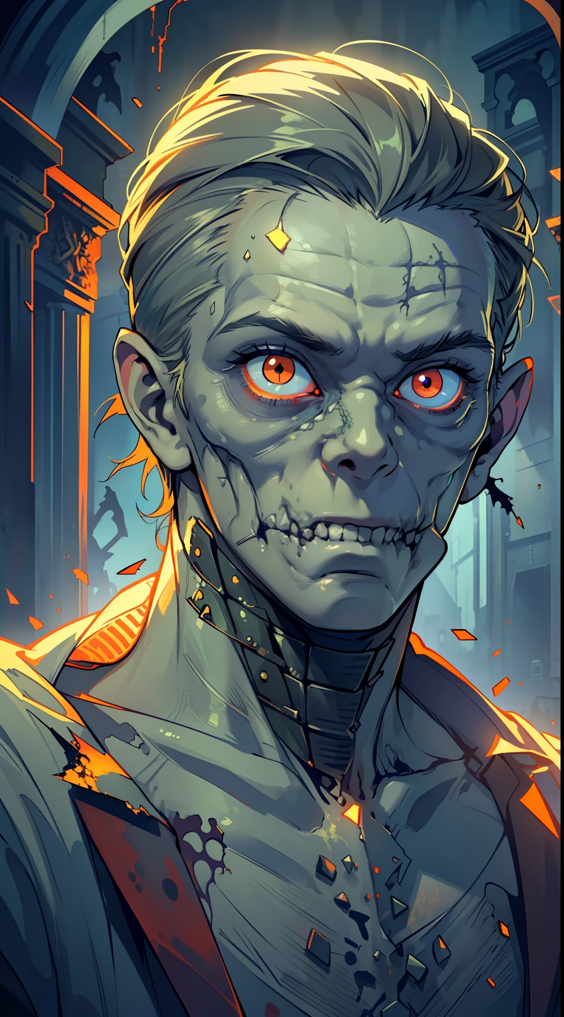 (8k wallpaper with extremely detailed CG unit, masterpiece, best quality, ultra-detailed), (best lighting, best shadow), (a perfect and symmetrical (((a zombie man, decaying skin))), with eyes that reflect the beauty of the world), attractive, floating, high resolution, dynamic angle, dynamic pose, graveyard background, eerie and creepy night.