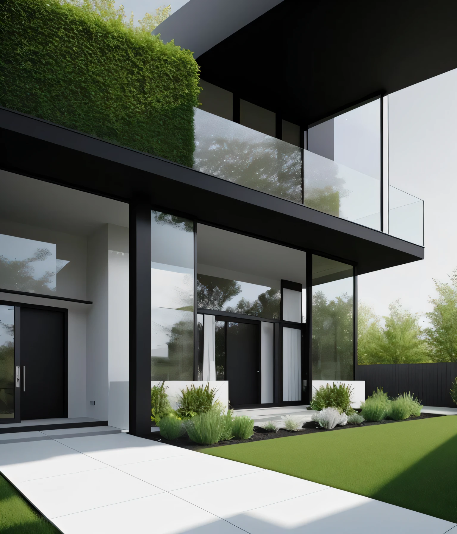 light black and white modern house with glass paneled balcony fresh green garden , entrance view with stoned pathway toward you black with lightings  , (SEMI-SILHOUETTE light:1.1), (raytracing:1.1), (cryengine:1.1), (skin detail:1.1),(photrealistic:1.1)