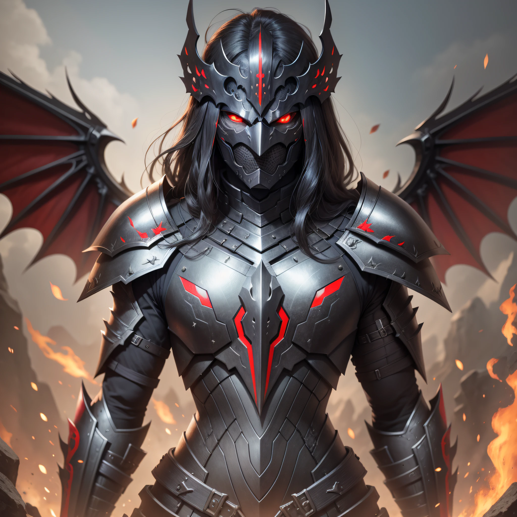 man, face, black armor, mask, red eyes, high quality, super detailed, super dark armor, front face, darker image, front face, 4 metal wings, closer, more front