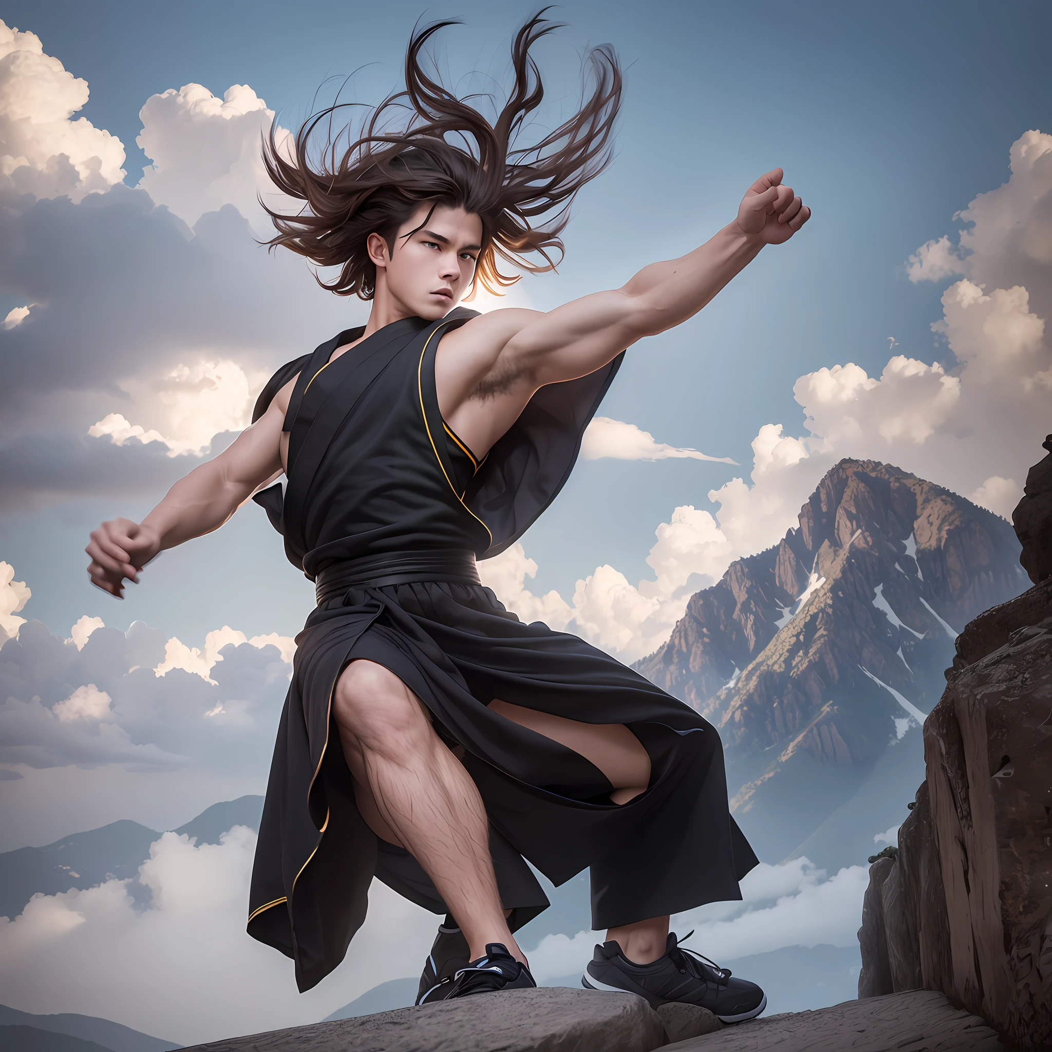 Athletic 17-year-old white boy with big wavy hair training kung-fu on a mountain, black robes, amazing detail, photography, masterpiece, photorealistic, atmospheric, cinematic, HDR, Canon, Sony, Lumix, 8k, UHD