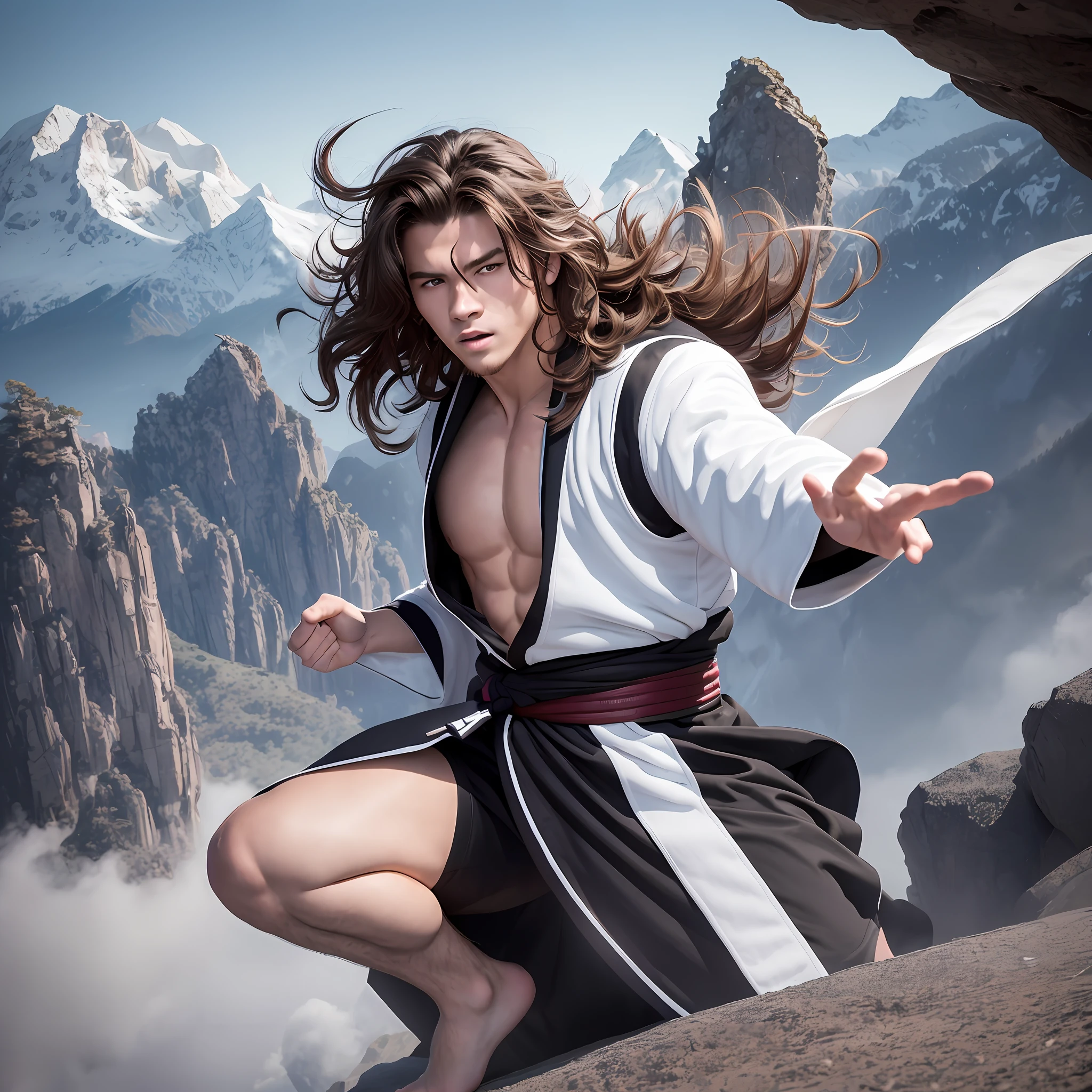 Athletic 17-year-old white boy with big wavy hair training kung-fu on a mountain, black robes, amazing detail, photography, masterpiece, photorealistic, atmospheric, cinematic, HDR, Canon, Sony, Lumix, 8k, UHD