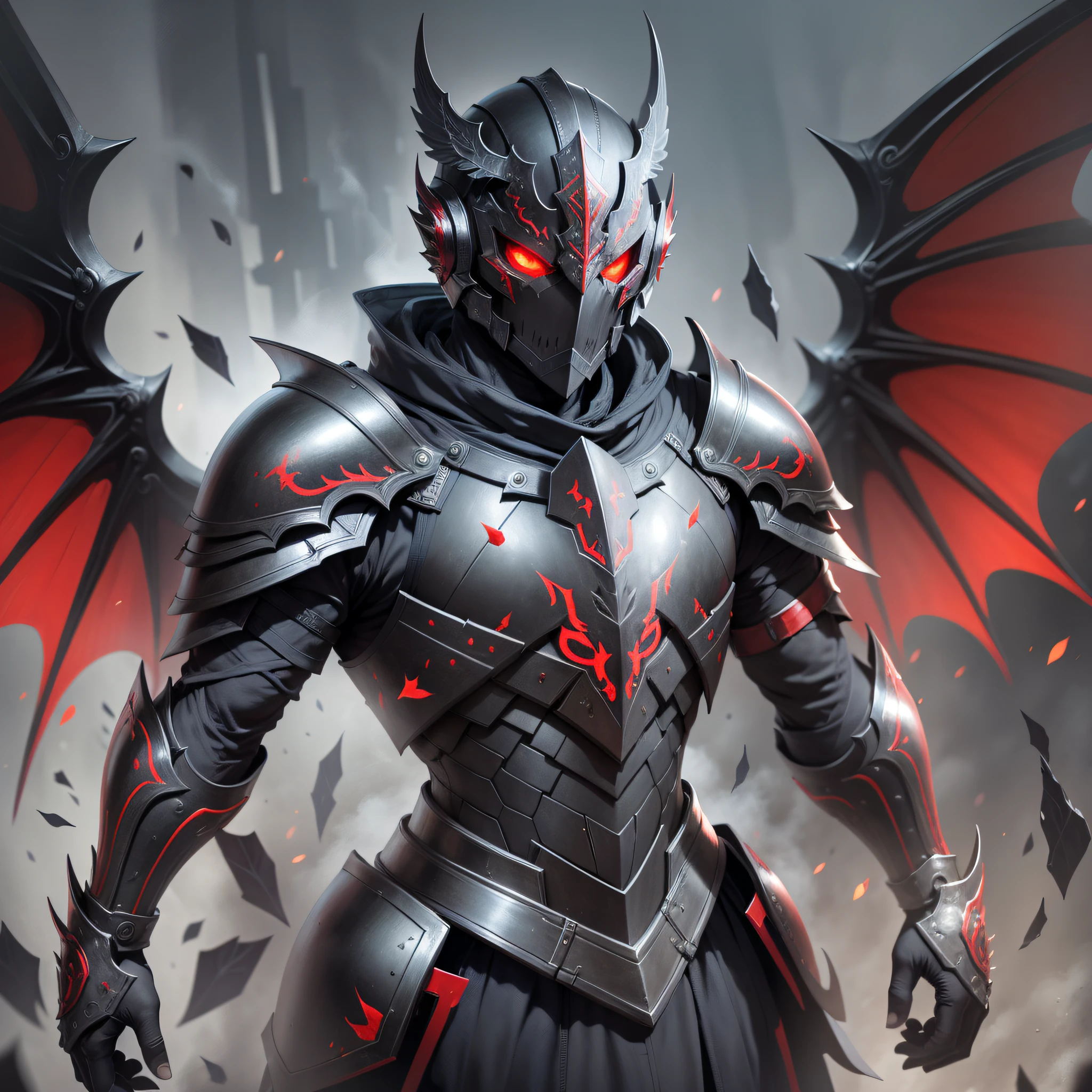man, face, black armor, mask, red eyes, high quality, super detailed, super dark armor, front face, darker image, front face, 4 metal wings, closer, more front