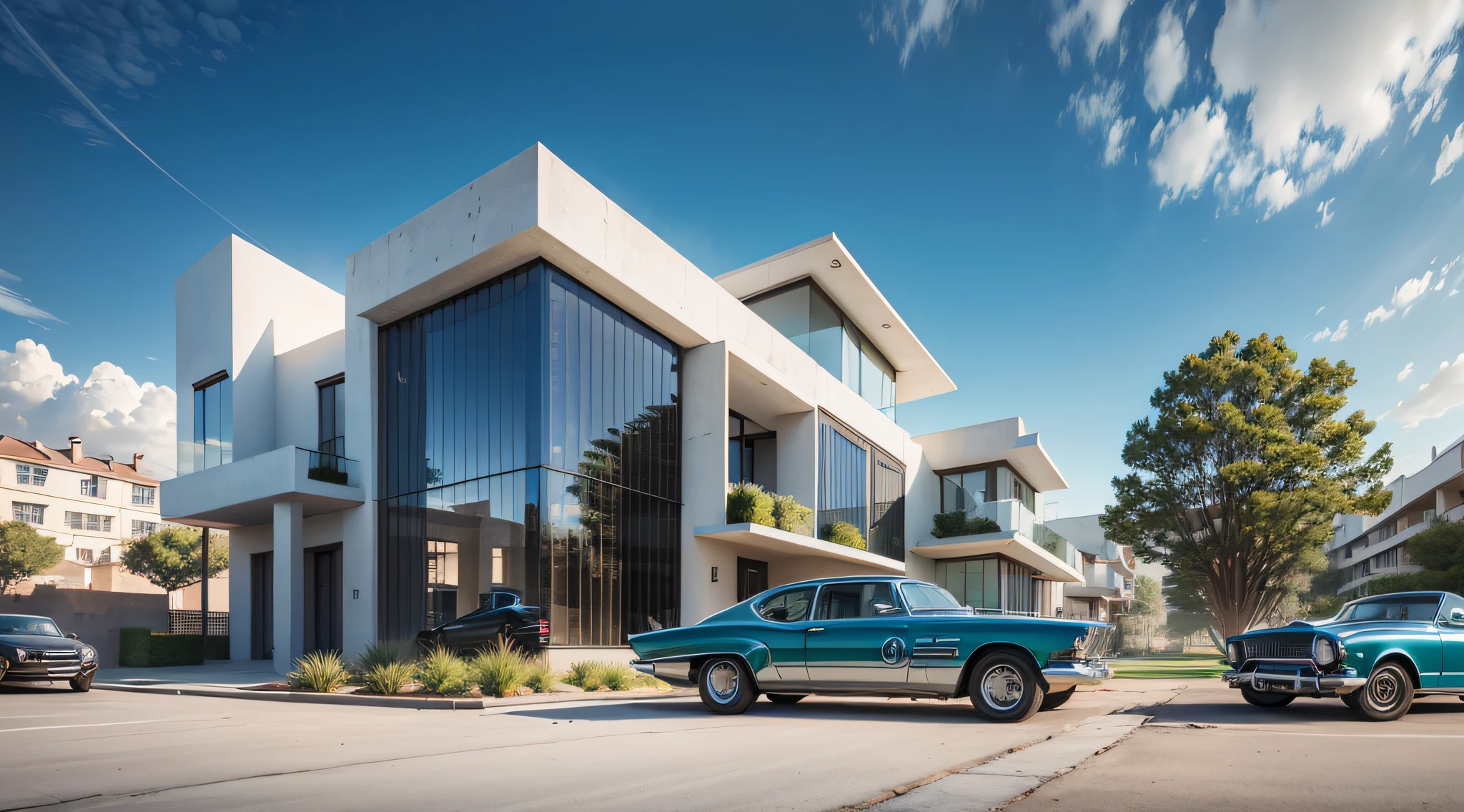 Modern mansion façade with cars in front, blue sky, promotional photo, HDR, cinematic, adobe lightroom, highly detailed, award-winning photography, real photo, clear photo --auto --s2