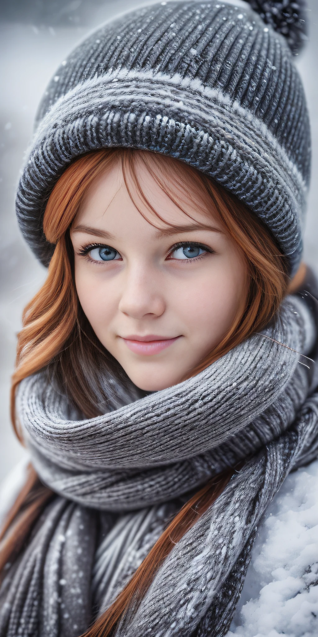 a woman wearing a hat and scarf in the snow, a portrait, by Antoni Brodowski, shutterstock, digital art, cute young redhead girl, in a storm, looking upwards, detailed eyes, super detailed outfit, bokeh top cinematic lighting --auto --s2