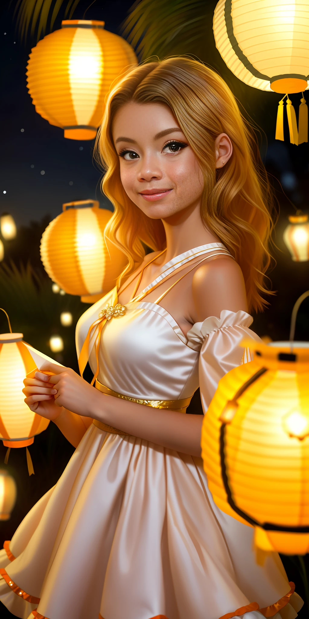 AsunaFox, woman,
"Floating Lantern Festival": Against a backdrop of a starry night sky, the vixen becomes part of a whimsical lantern festival. Her dress, crafted from delicate paper lanterns in various colors, floats gently around her. Each lantern emits a soft glow, casting a warm and dreamy light on her face. With a lantern in her hand, she joins the celebration, bringing hope and joy to all who witness her ethereal presence.