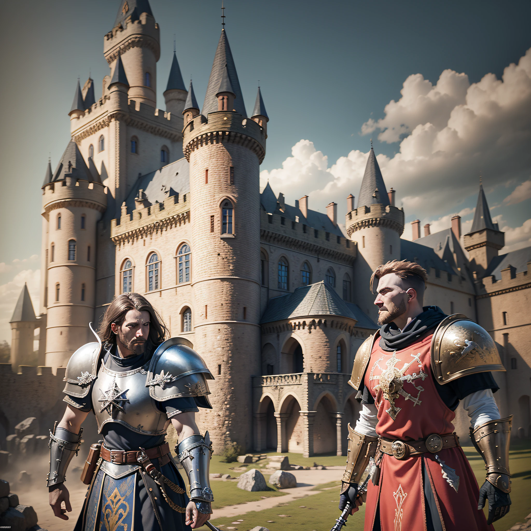 medieval fantasy battle, many knights in battle, castle in the background, alternative middle ages, castle style Germany 1550 : Spain 1550:2, warhammer 40k, realistic, epic light shot, 3D realistic, octane render, beautiful high quality painting, oil painting , cinematic film, atmospheric, medieval armor, cinematic lighting, warhammer 40k
