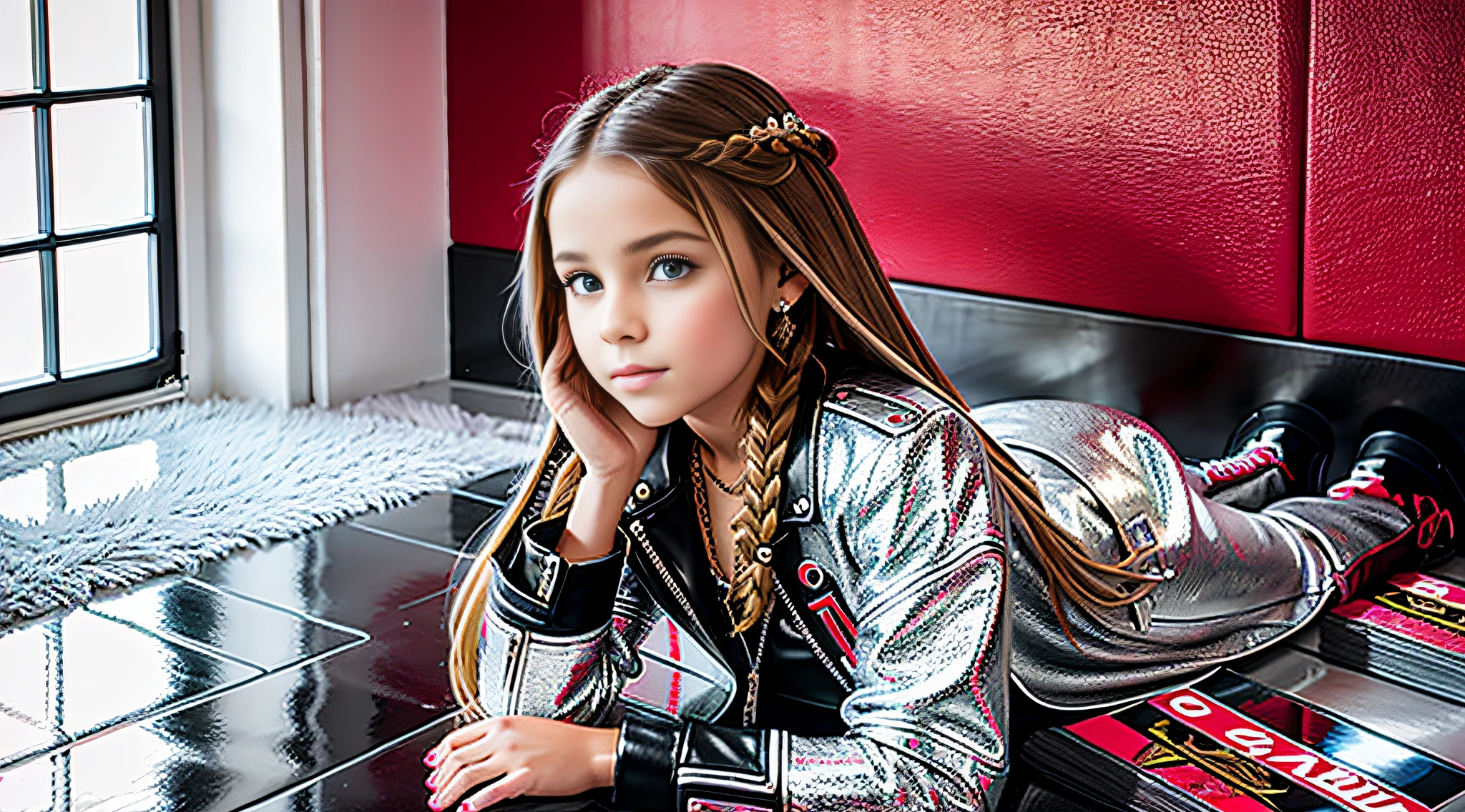 GIRL CHILD , RUSSIAN BLONDE WITH BRAIDS, portrait , SILVER LEATHER JACKET AND BLACK CLOTHING, , ON THE FLOOR VARIOUS VINYLS AND CDS, red background.