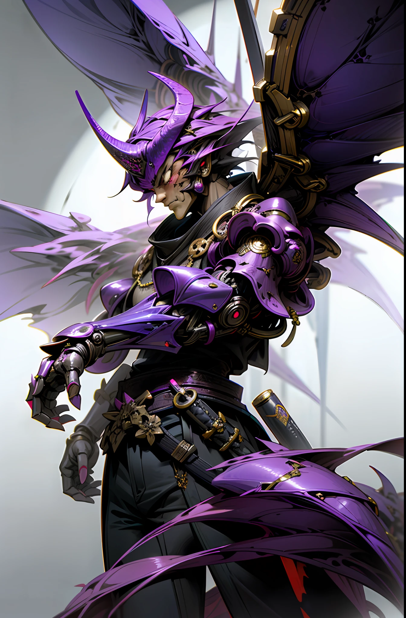Dark_Fantasy,Cyberpunk,(chain ,samurai ,Purple:1.1),1man, Dragon Robotic Armor, Dragon horn, mechanical dragon Wings, dark purple colored, bring a katana, authoritative pose,(steel metal [rusty])