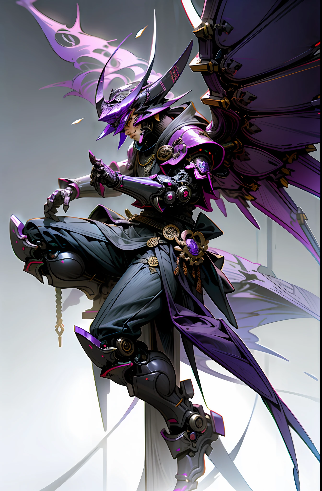 Dark_Fantasy,Cyberpunk,(chain ,samurai ,Purple:1.1),1man, Dragon Robotic Armor, Dragon horn, mechanical dragon Wings, dark purple colored, bring a katana, authoritative pose,(steel metal [rusty])