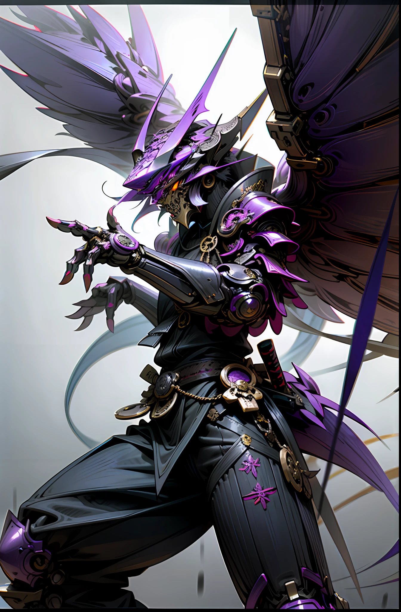 Dark_Fantasy,Cyberpunk,(chain ,samurai ,Purple:1.1),1man, Dragon Robotic Armor, Dragon horn, mechanical dragon Wings, dark purple colored, bring a katana, authoritative pose,(steel metal [rusty])