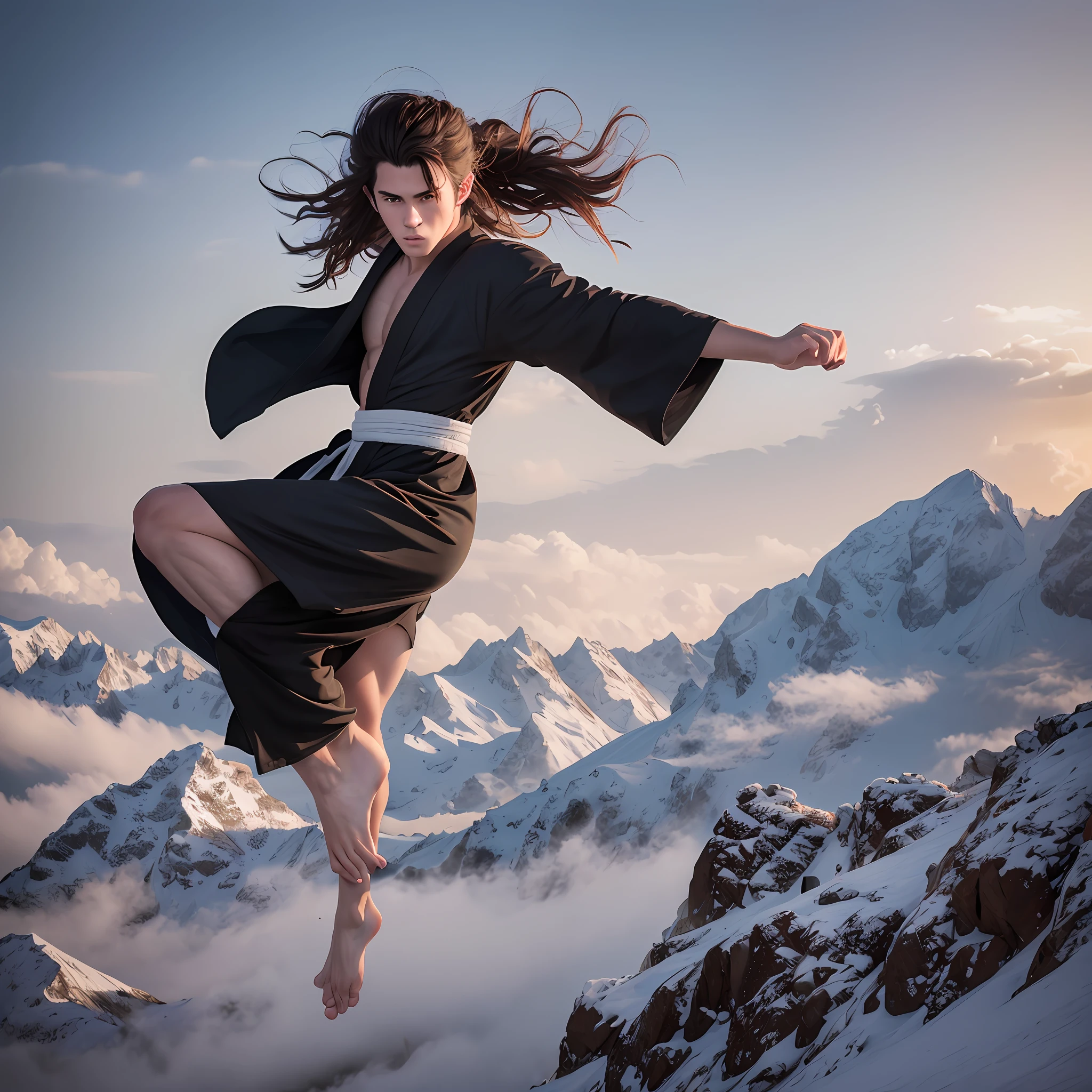 Athletic 17-year-old white boy with big wavy hair tied up training kung-fu on a mountain, black robes, amazing detail, photography, masterpiece, photorealistic, atmospheric, cinematic, HDR, Canon, Sony, Lumix, 8k, UHD
