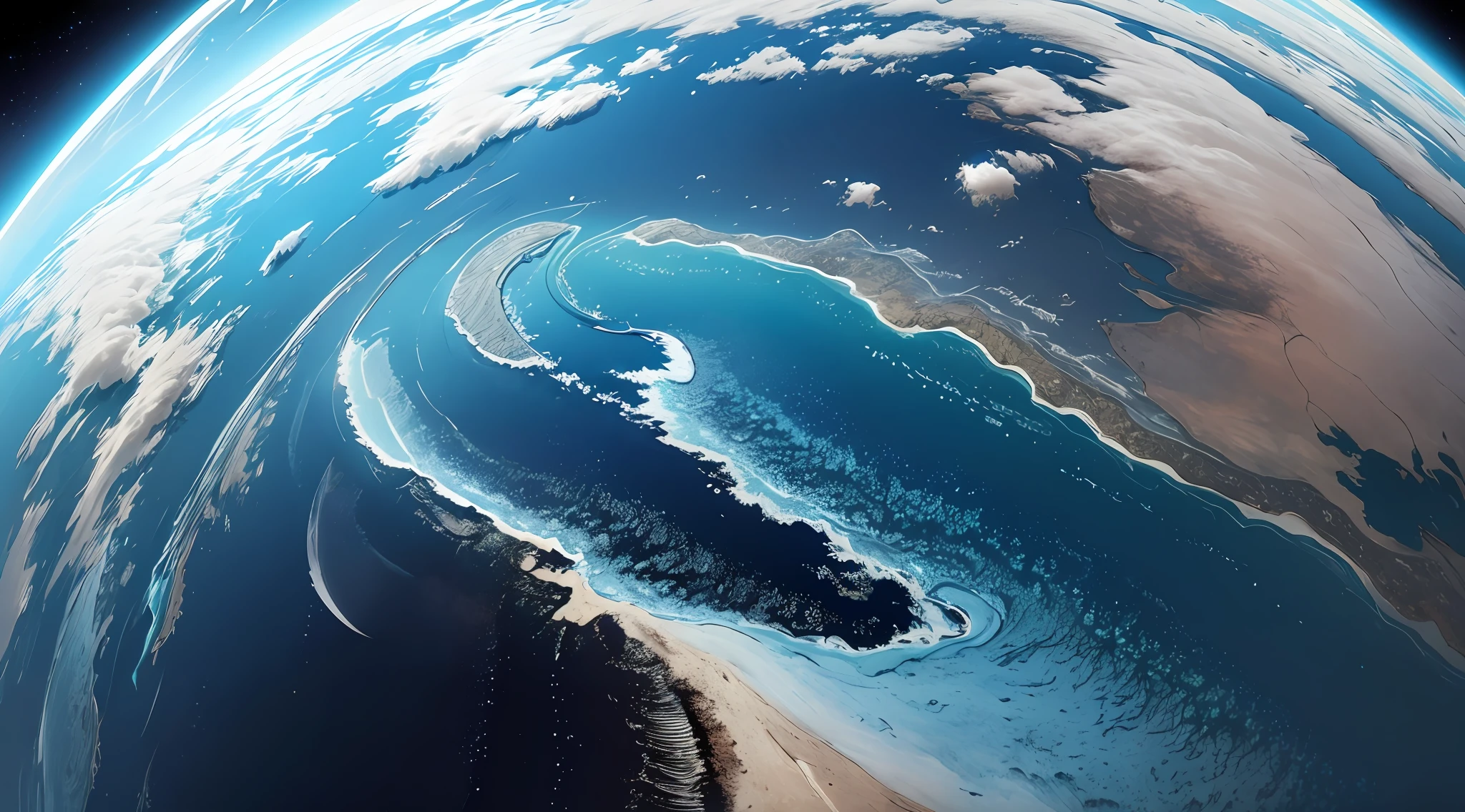 A planet with land and sea, Huge blue planet, View from the atmosphere, overhead view, super real, No construction, Surrealism, high detail, cinematic lighting, close-up, Futurism, Conceptual art, UHD, high details, super detail --auto --s2