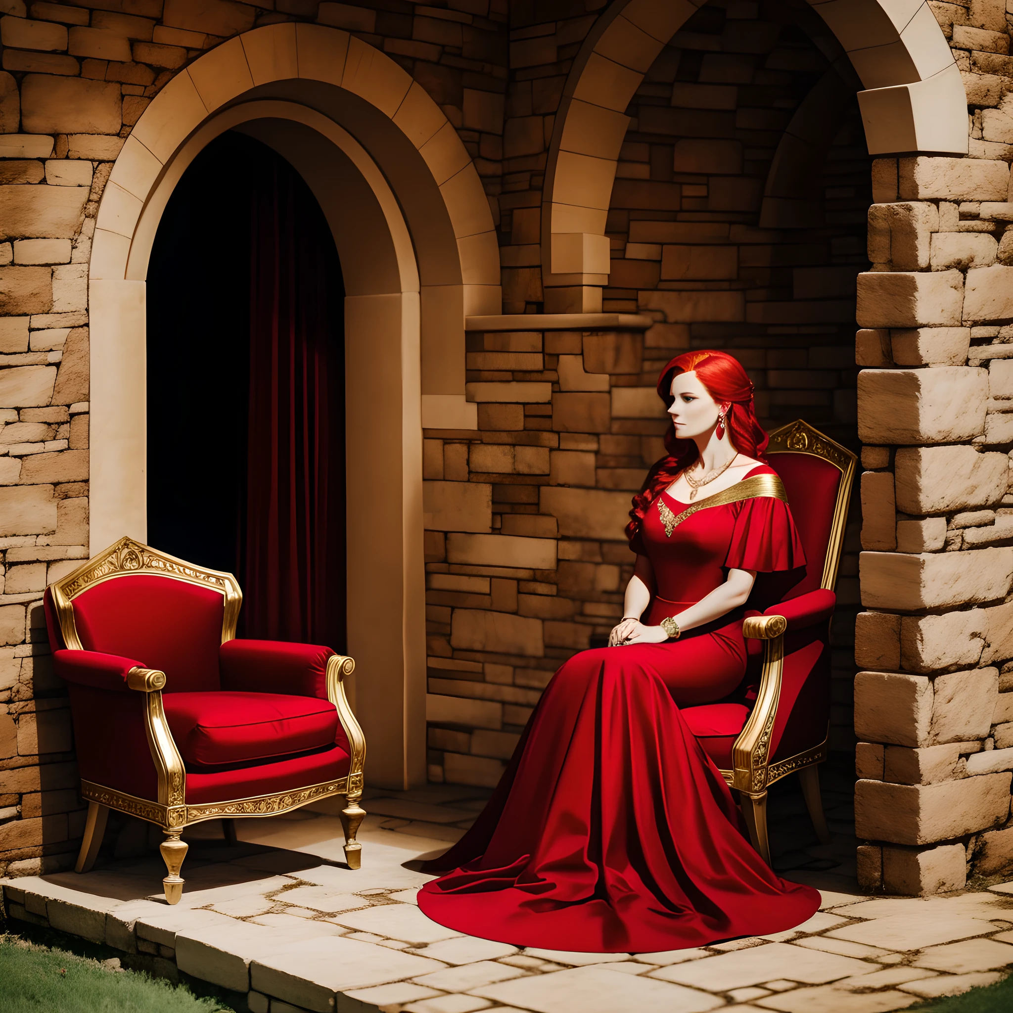 Woman in red dress, redhead, gold jewelry, sitting in an armchair, stone walls, alone, lonely, one woman